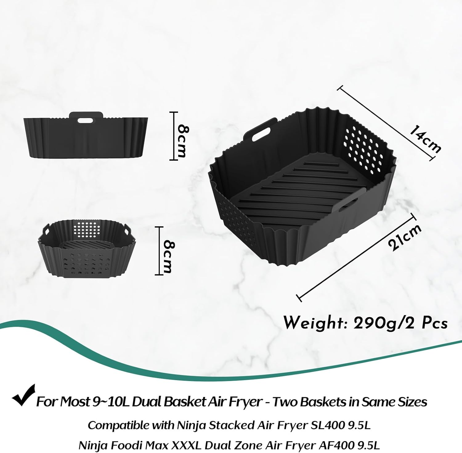 Marakruki 2Pcs Silicone Air Fryer Liners for Ninja Dual Stack Air Fryer, 21X14 Cm, 2-Pack, Compatible with Ninja AF400 Air Fryer, Bpa-Free Silicone Liners for 9.5L Dual Air Fryer image number 6