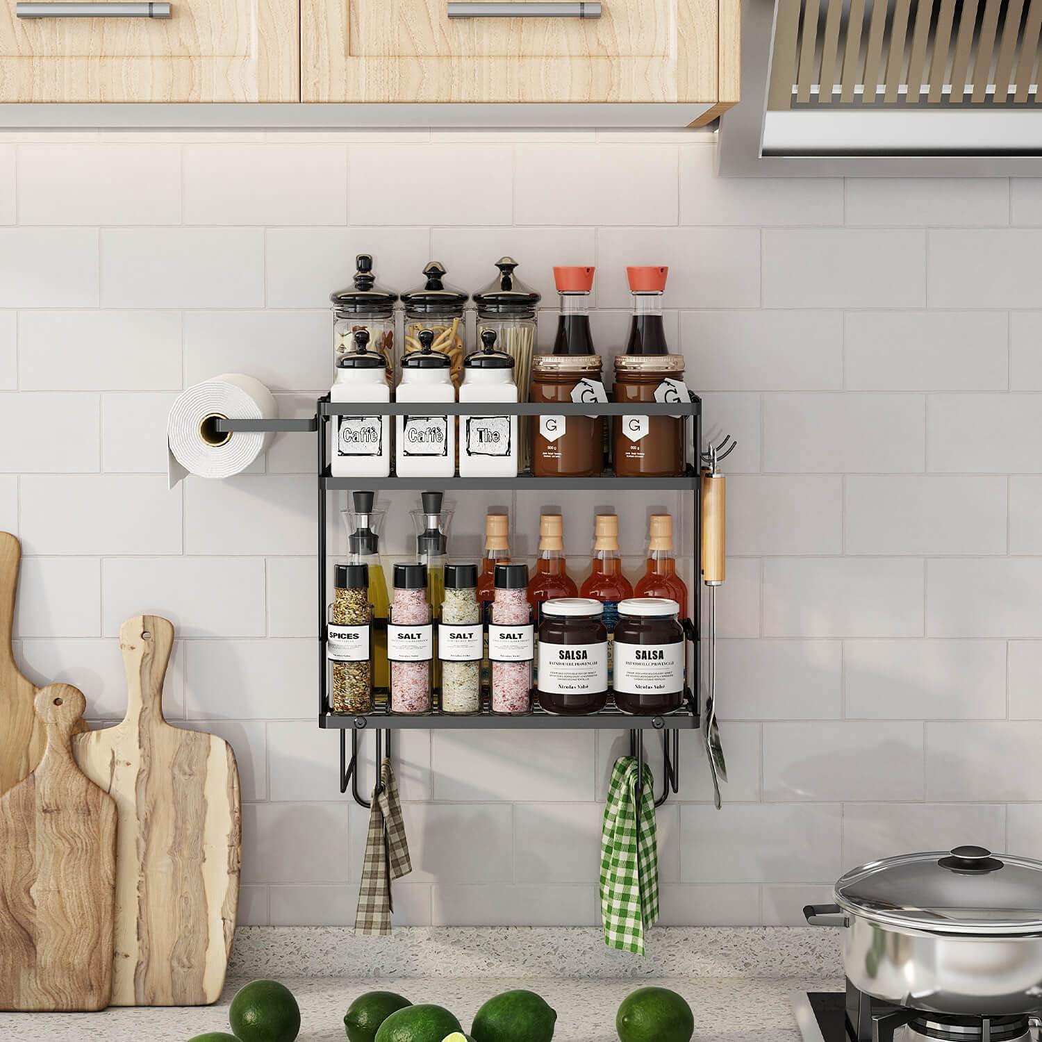 Godboat Bathroom Organizers, 2-Tier over Toilet Storage, Floating Shelves with 2 Hooks & Paper Holder, Wall Mounted Shelf Furniture, Cool Accessories & Decor, Gifts for Women, Mothers Day (Black) image number 2