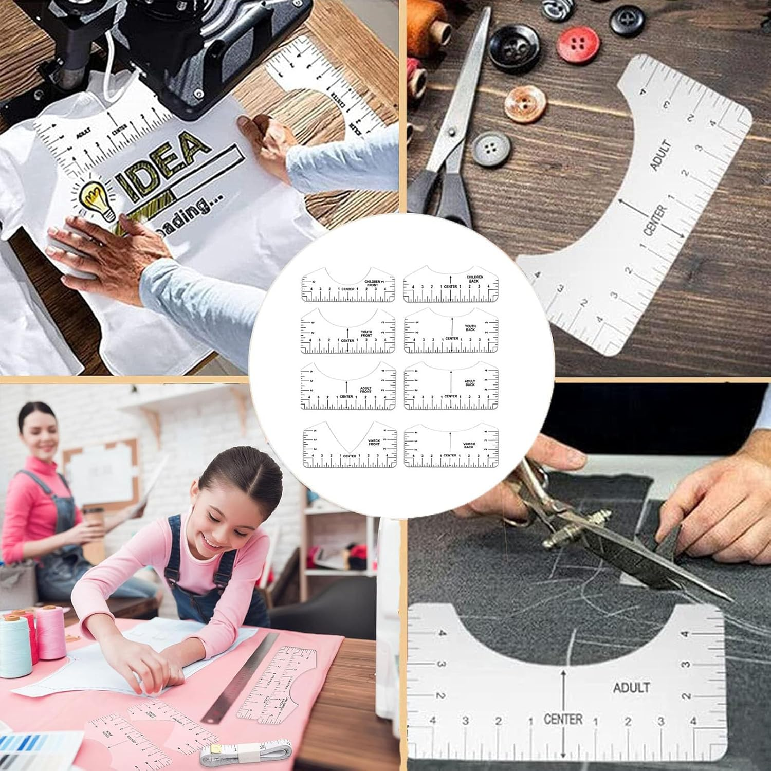 9Pcs Tshirt Ruler Guide for Vinyl Alignment,Pvc Tee Measurement Template,Front and Back Measurement for Cricut Heat Press HTV Heat Transfer Vinyl,T-Shirt Ruler Guide Alignment Tool to Center Vinyl image number 1