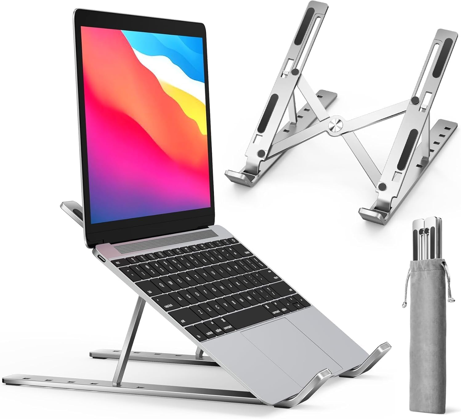 AMXGPT Aluminum Alloy Laptop Stand, Ergonomic, Foldable, Adjustable, Durable, Lightweight, Stylish, for 12 * 18 Inch Laptops, Tablets More, with Storage Bag (Silver)