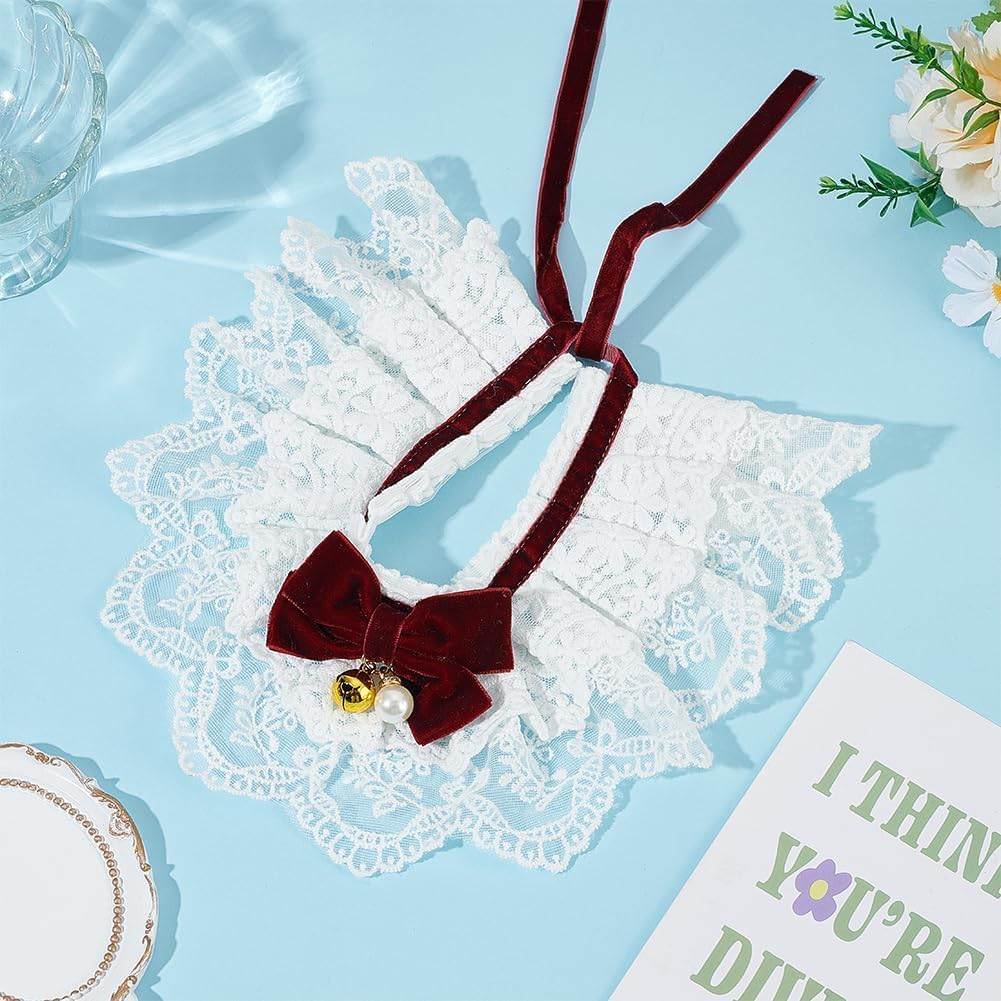 Pet Bib Laces Collar, Adjustable Strap Vintage Bowknot Bibs Collar Cute White Lace Dog Cats Bib Scarf Pet Costume for Cats Dogs Dress up Accessories (Dark Red, L(30Cm)) image number 1