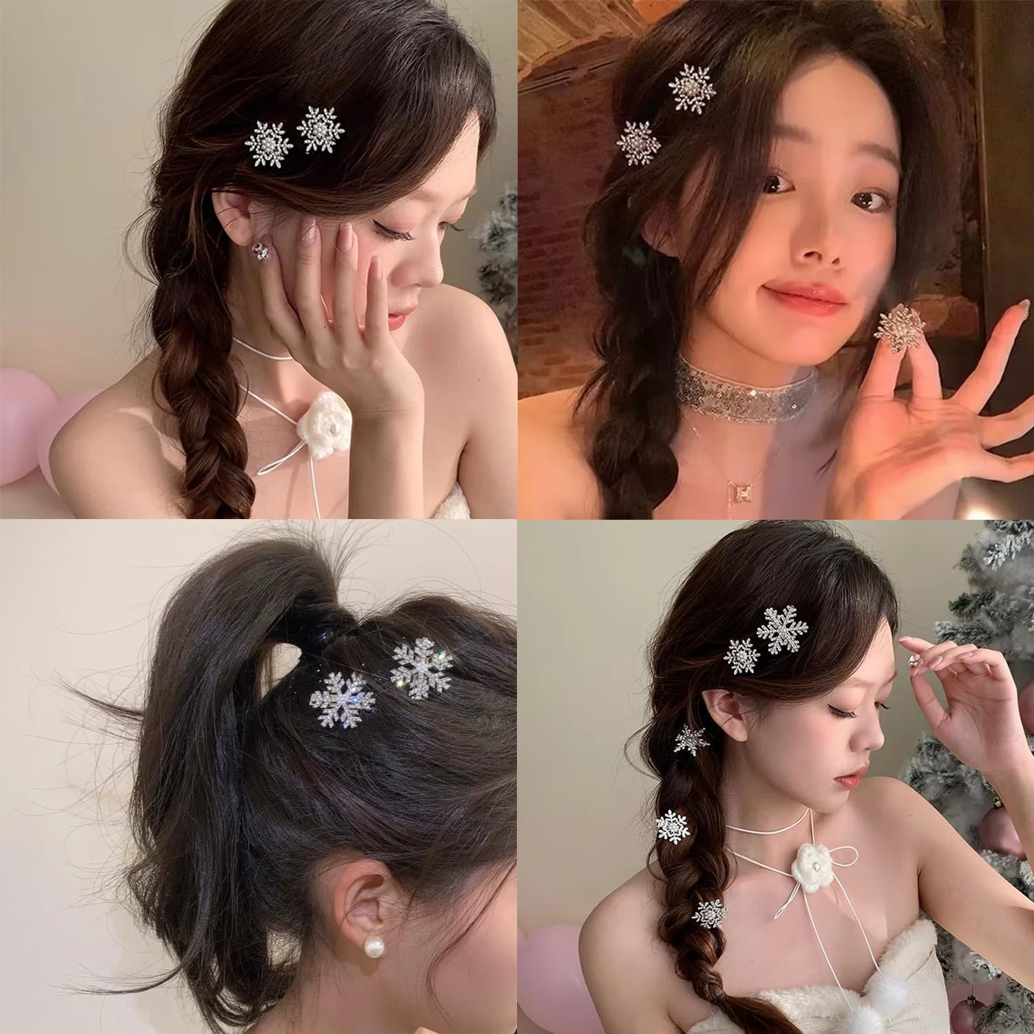 Snowflake Hair Clips Sparkly Rhinestone Hair Barrettes 3 Styles Cute Autumn Winter Broken Hair Bangs Silver Metal Accessories for Women Shiny Snowflakes Hairpins Christmas Hair Xmas Party Gifts