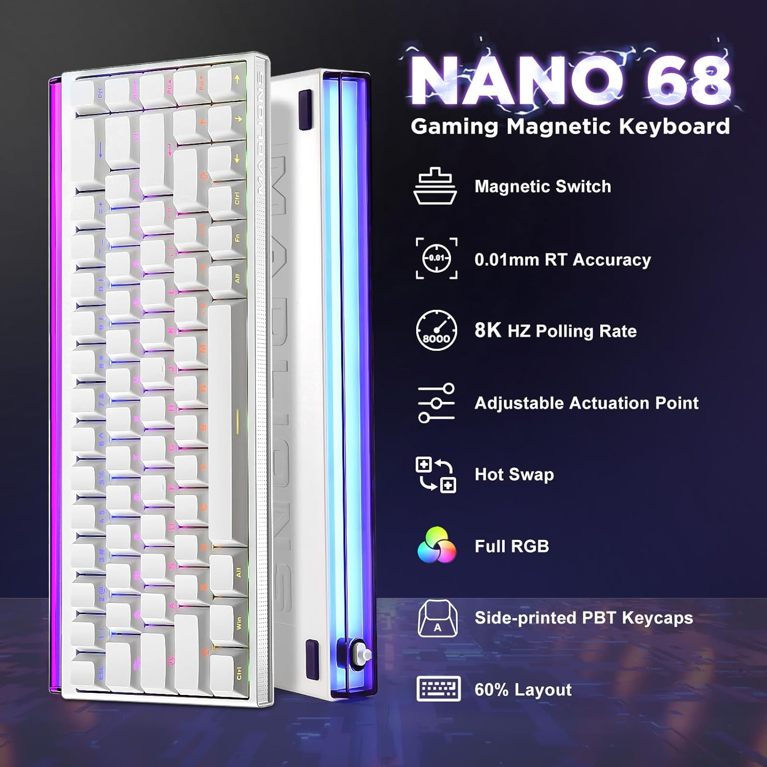MIKIBY Nano 68 Mechanical Gaming Keyboard, Hall Effect Magnetic Switches, 8K Hz Polling Rate, Rapid Trigger Adjustable Actuation, Side-Printed PBT Keycaps, RGB Backlit Wired Keyboard for Mac/Win image number 6