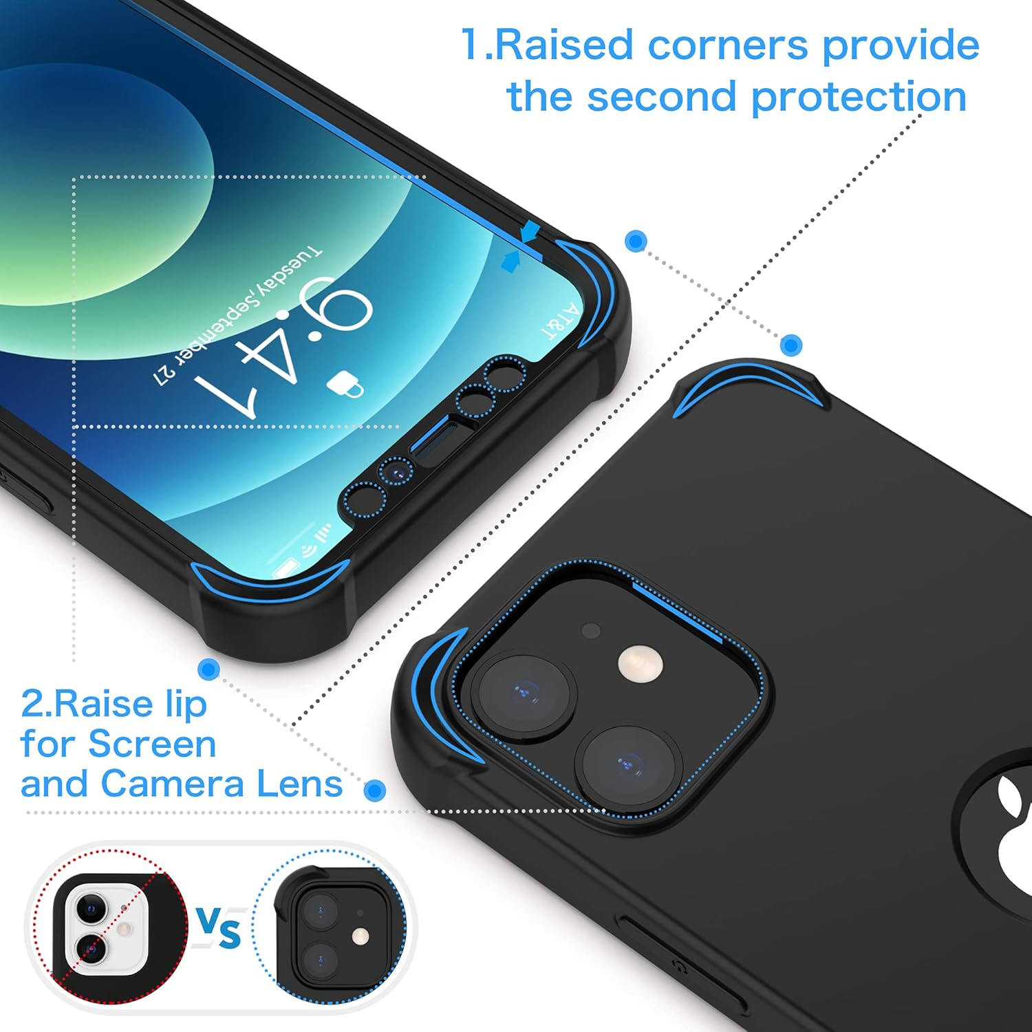 ORETECH Compatible with Iphone 12 Mini Case with [2 X Tempered Glass Screen Protector] 360&deg;Full Body Protection Hard PC TPU Slim Case for Iphone 12 Mini Case 5.4" - Black image number 4