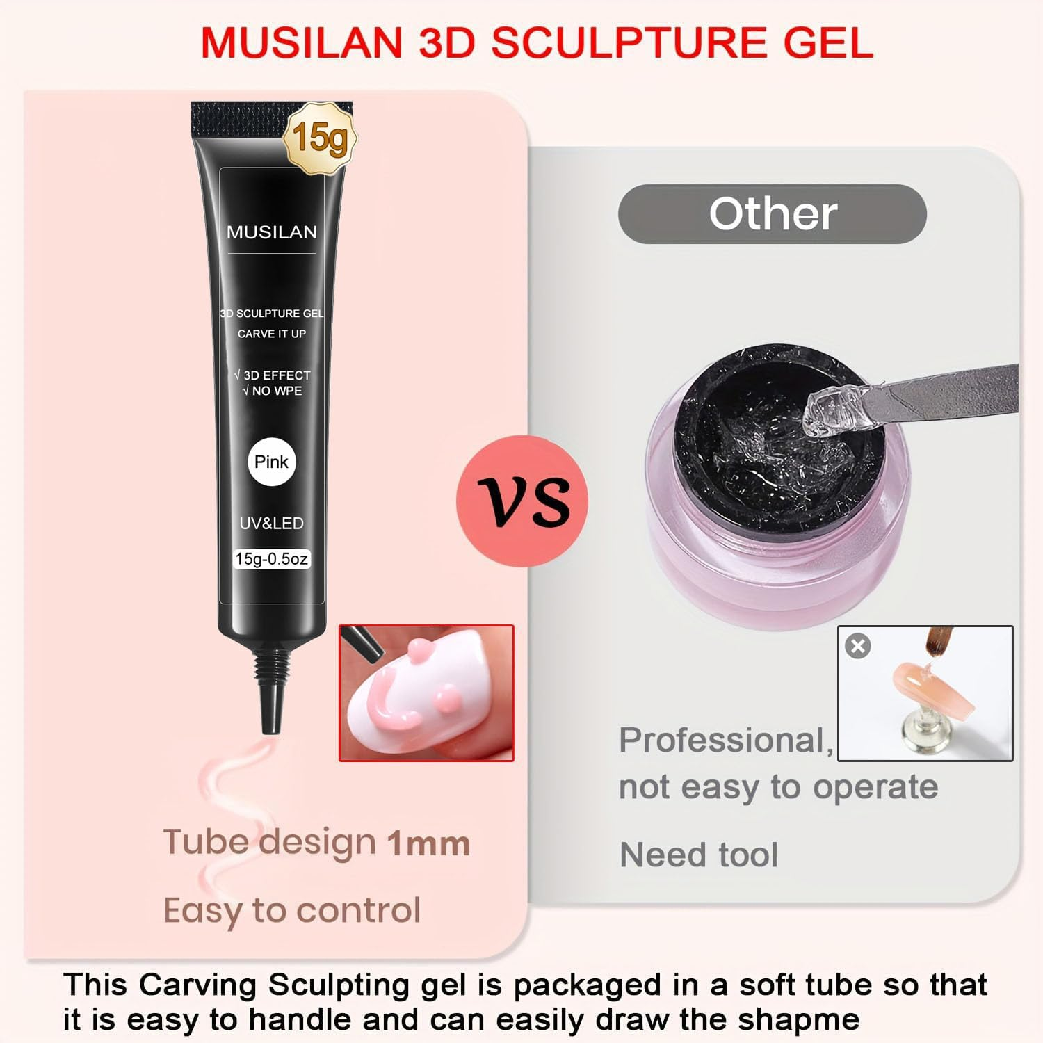 MUSILAN 3D Nail Gel Art,15G Pink Sculpting Gel for Carving, Molding and Painting Nail Art Designs, Chrome Nails Powder and Nail Charms,Rhinestone Design No Wipe Lamp Curing Needed for Drawing image number 1