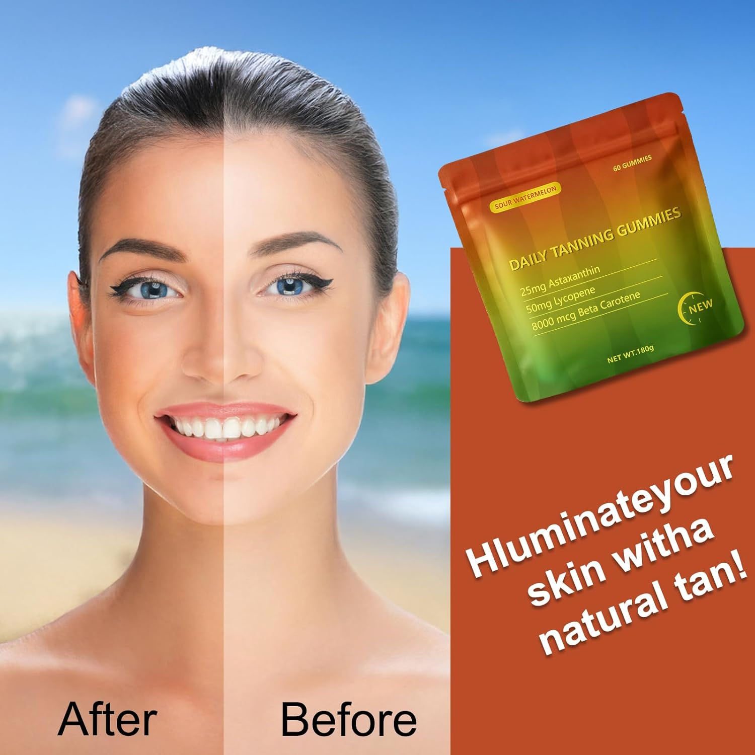 Tanning Gummies, Daily Tanning Gummies with Astaxanthin 24Mg, Lycopene 50Mg & Beta Carotene 8000Mcg for Skin Health & Glow, Vegan, Non-Gmo, Watermelon Flavor, 60 Count