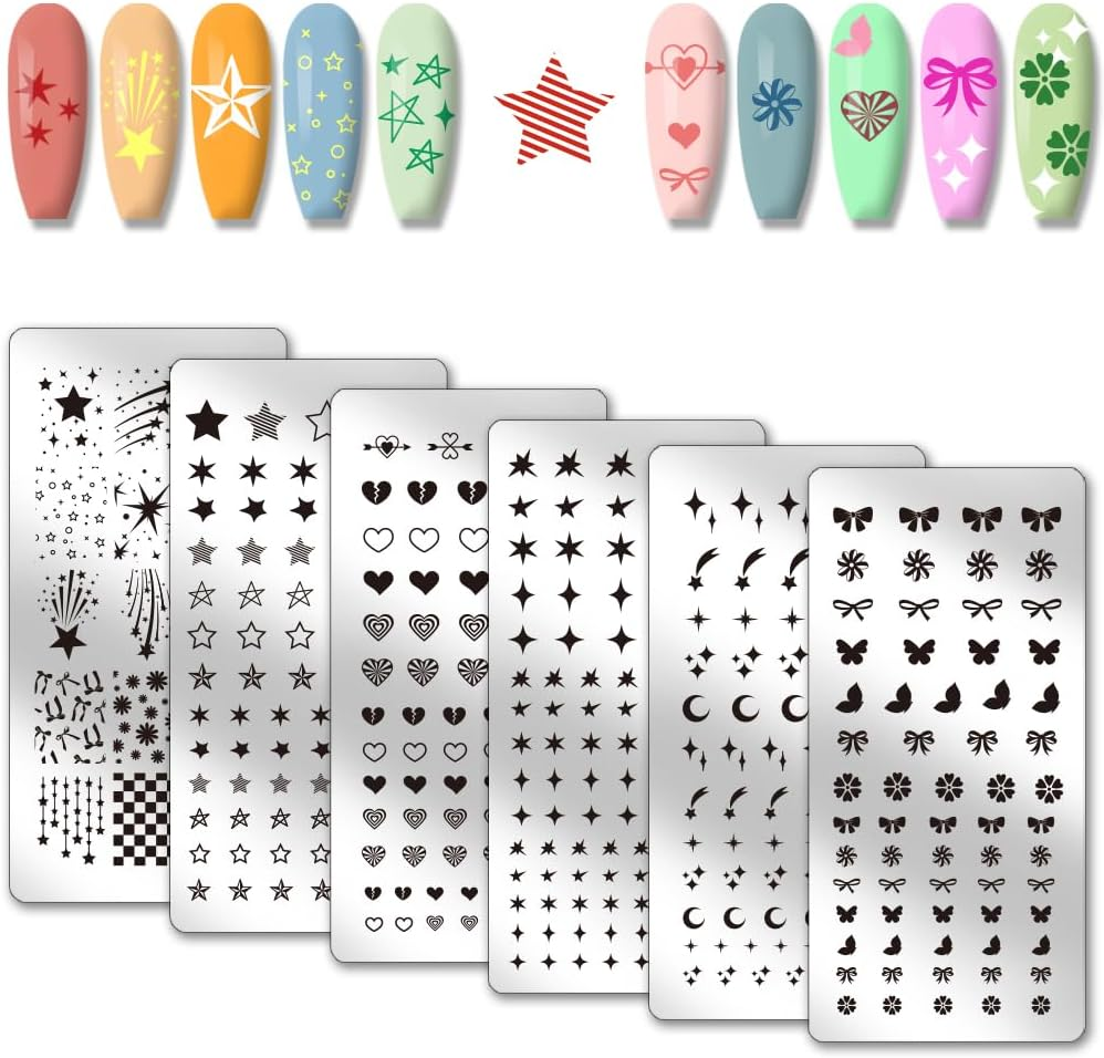 PH Pandahall 6Pcs Stars Moon Pattern Nail Stamp Plate Heart Print Art Template Stainless Steel Nail Image Plate Butterfly Pattern Nails Art Stencils for Women DIY Printing 4.7X2.3 Inch image number 5