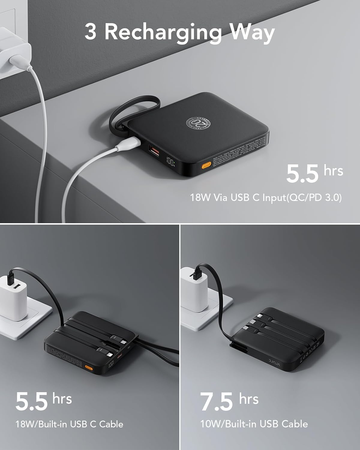 Power Bank 20000Mah with Built-In 4 Cables, VRURC Portable Charger for Iphone 22.5W Fast Charging USB C Battery Pack, Travel Essential for Iphone 16 15 14 Samsung Galaxy S23 Etc Phone,Black - Black image number 5