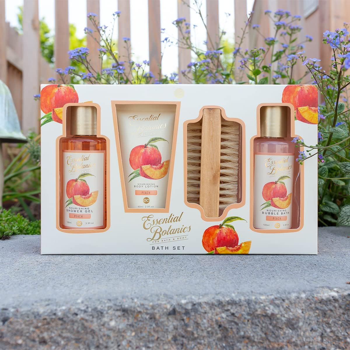 Accentra Essential Botanics Bath Set - Fruits in Gift Box - Shower Gel - Bubble Bath - Body Lotion - Nail Brush - Peach Scent image number 3