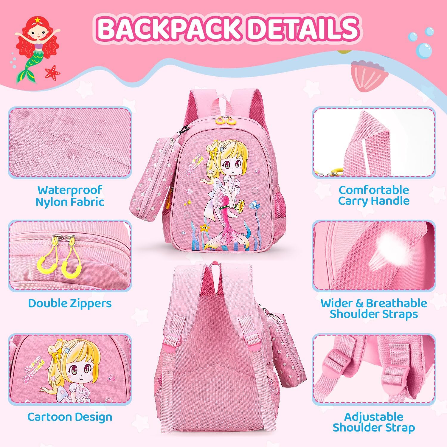 WOTOW Backpack for Kindergarten Kids, Girls Bag Large Capacity, Pencil Box, anti Lost Wrist Link for Toddler, Mermaid Preschool Girl Bag image number 3