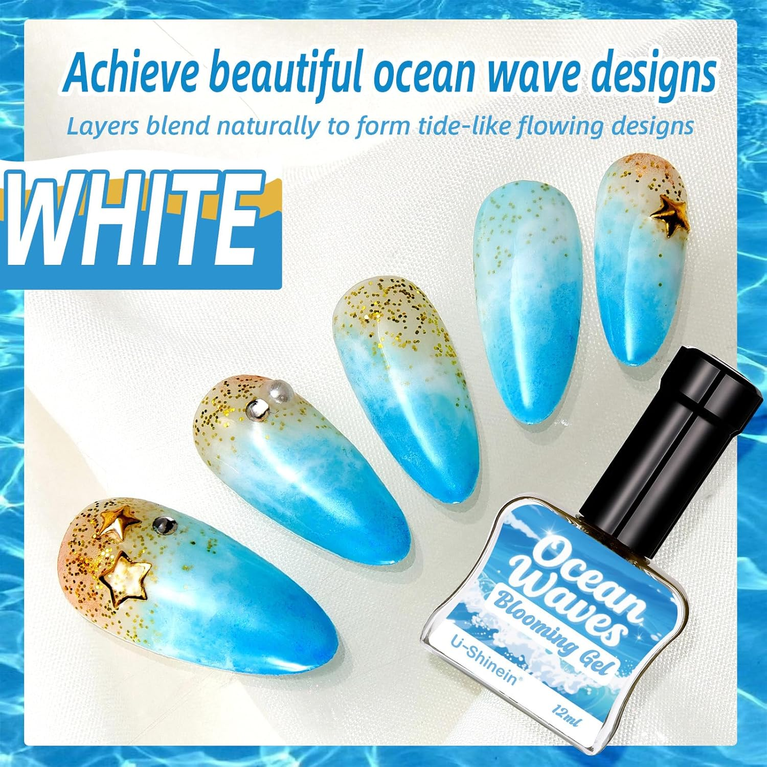 U-Shinein Blooming Gel Nail Polish, Marble Effect Nail Polish, White Watercolor Ink Wave Nail Gel with Magical Diffusion Effect for Creating Lace Pattern Nail Art Soak of UV/LED 12Ml image number 5