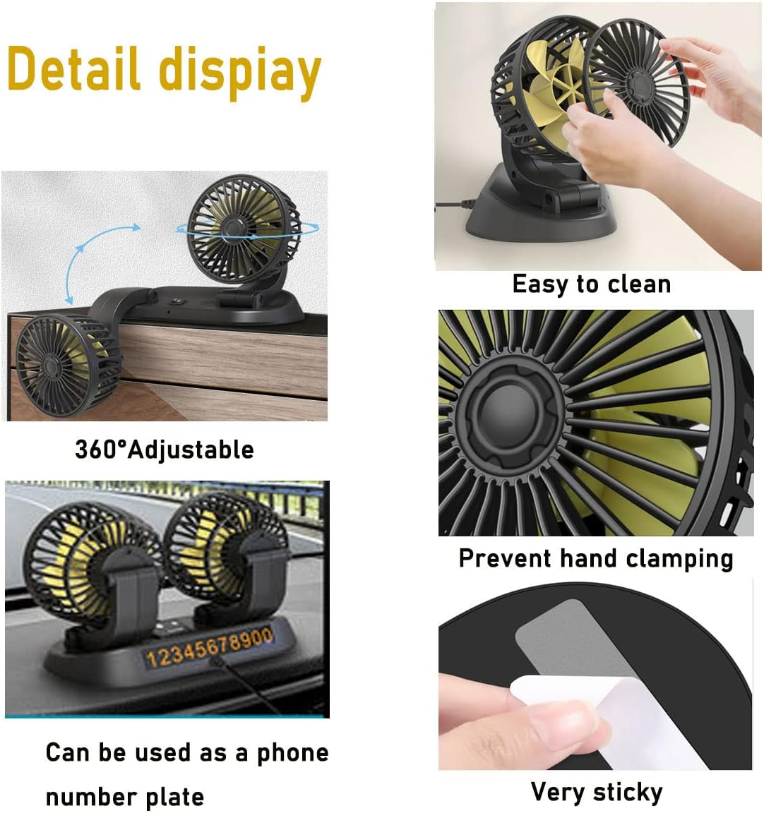 Car Fan 12V, Electric Car Cooling Fan with 360 Degree Adjustable Dual Head Cigarette Lighter Plug,Low Noise Automobile Vehicle Fan for Car Truck Van SUV RV Boat image number 1