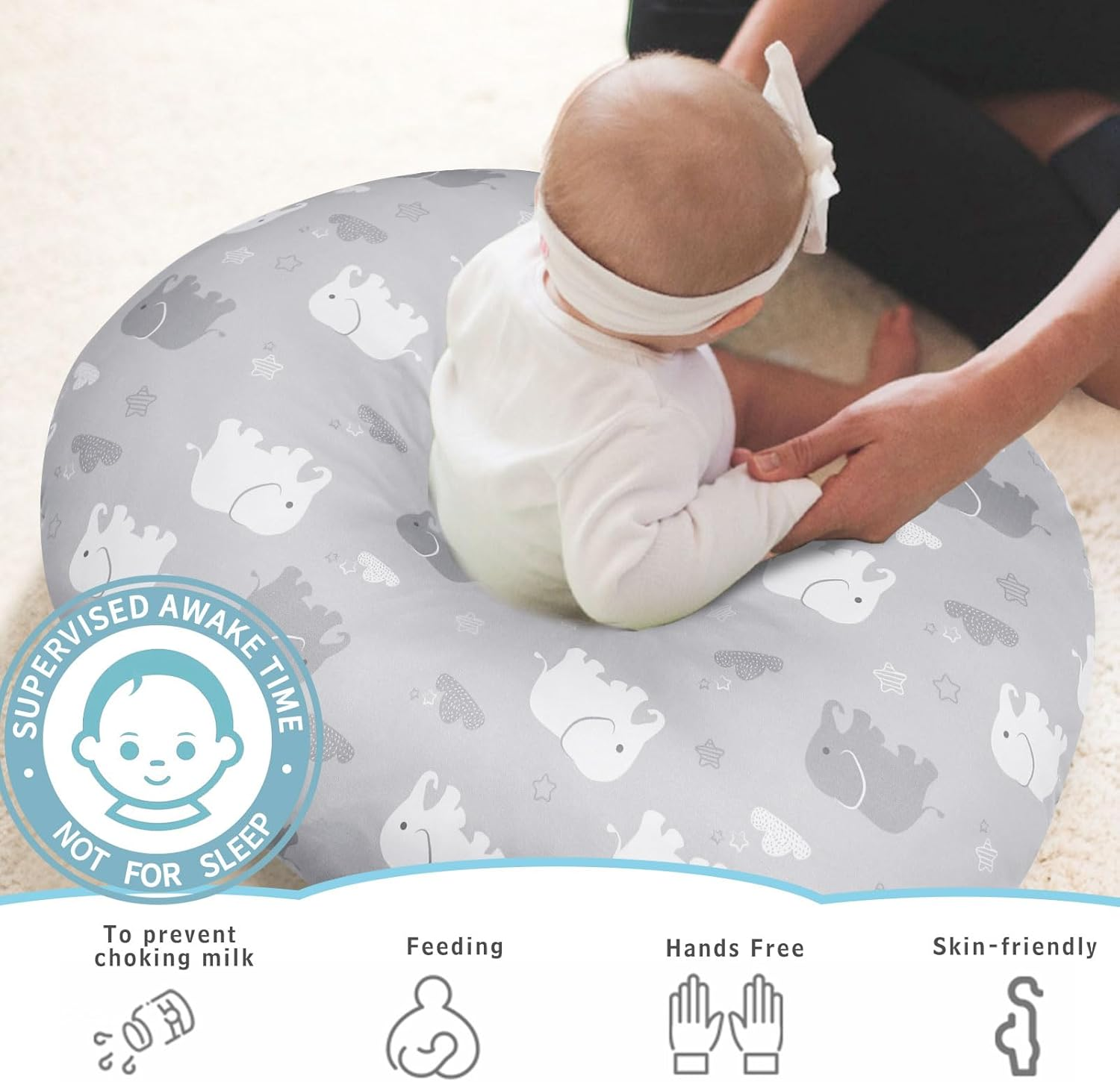 Baby Nursing Pillow, and Body Positioner for Breastfeeding and Bottle Feeding，Awake-Time Support with Removable Nursing Pillow Cover，Tummy Time Support for Baby Boys（Elephant） image number 4