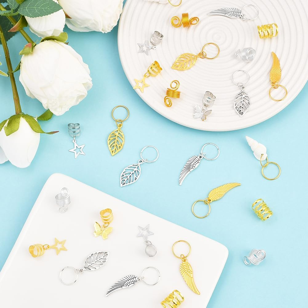 SUNNYCLUE 1 Box 120Pcs 12 Styles Hair Braid Clips Hair Braiding Decorations Metal Alloy Gold Silver Star Leaf Butterfly Shell Wing Braids Rings Jewellery for Women Wedding Graduation Birthday Decors