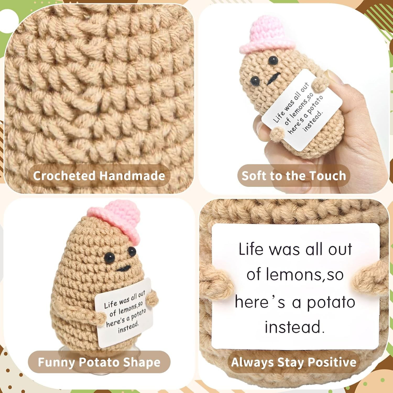 ZCOINS 6 Pcs Crochet Emotional Support Positive Potato for Women, Small Plush Novelty Funny Emotional Support Potato Pickle Toys with Positive Note for Desk Home Decor Birthday Valentines Gift image number 6