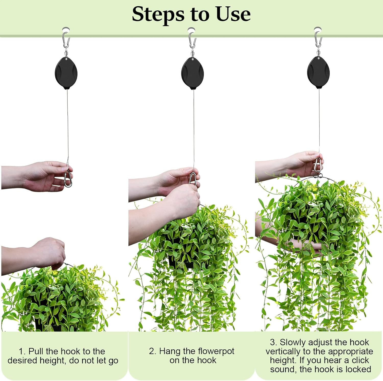 ZUZUAN 2 Pack 2024 Upgraded Heavy Duty Retractable Plant Hanger，Plant Pulleys for Hanging Plants,Easy to Raise and Lower,Auto Lock,Adjustable Hook for Garden Baskets Pots,Birds Feeder,Black - 3Pcs Balck image number 6