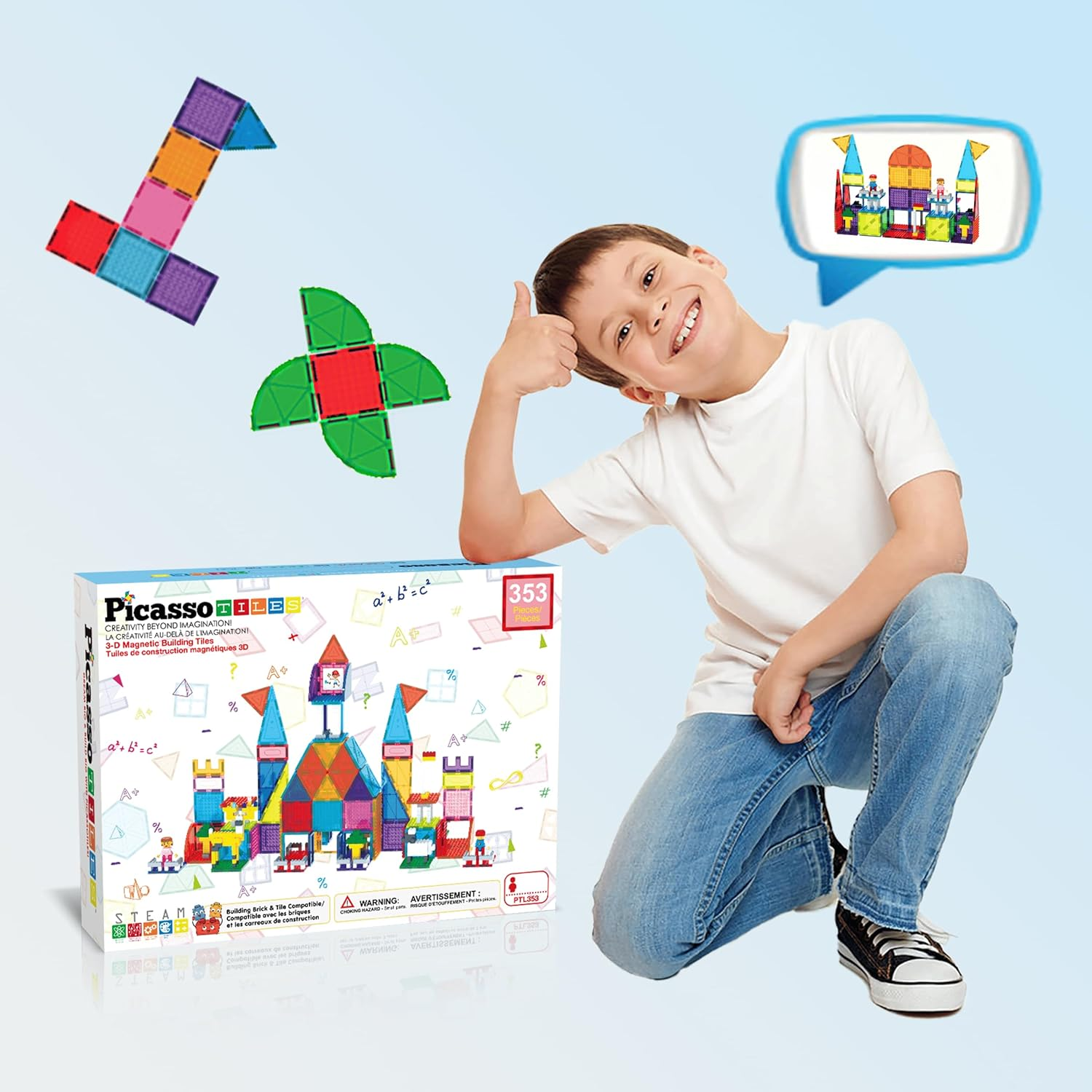 Picassotiles 353Pcsmagnetic Brick Tile and Magnetic Tile Combo Set, Action Figures Included, Building Blocks STEM Toys, Educational Montessori Preschool Toddler Classroom Learning Toys, Kids Activity image number 6