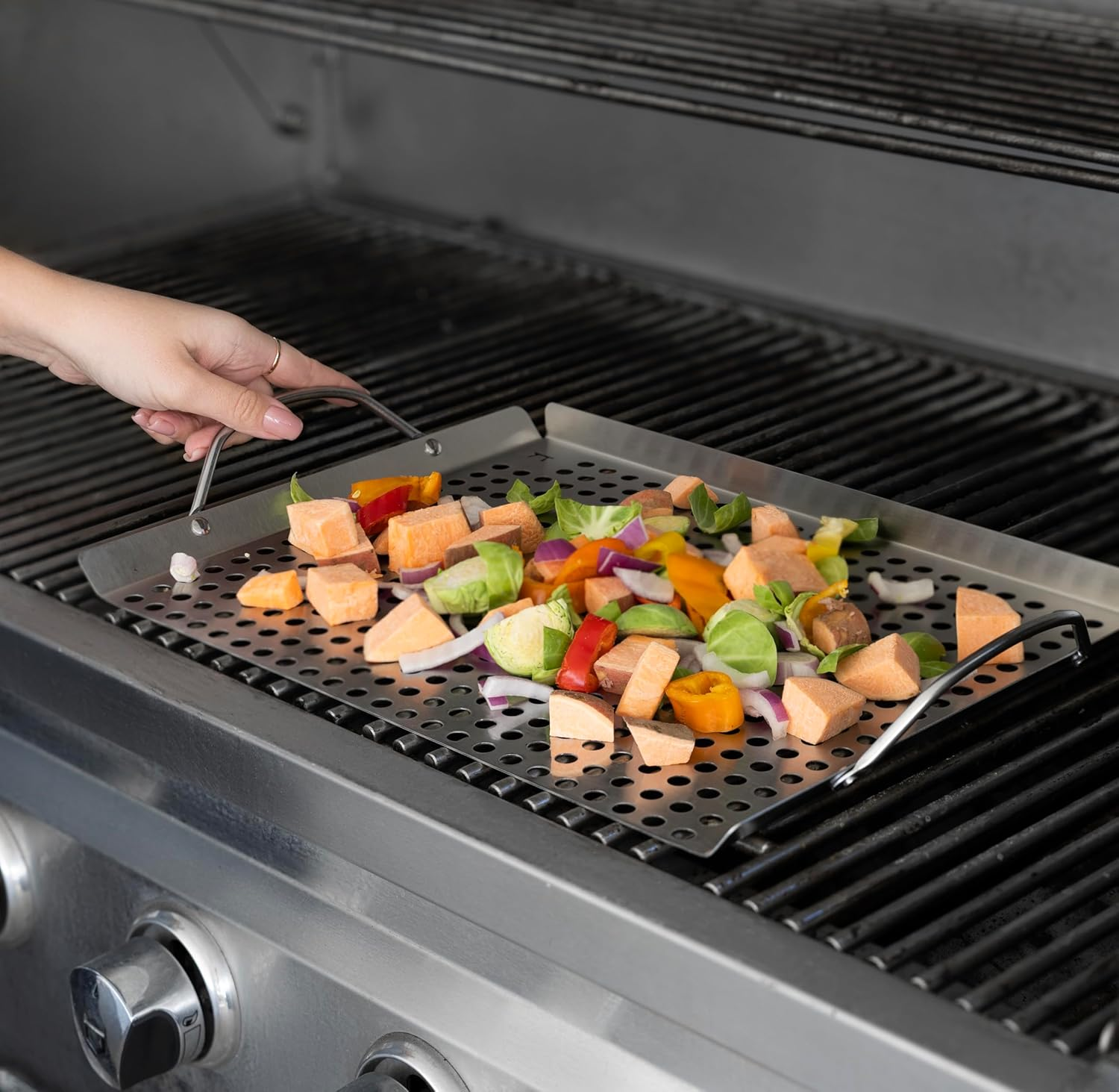 Outset 76630 Stainless Steel Grill Topper Grid, Set of 2, 11"X7" and 11"X17" image number 3