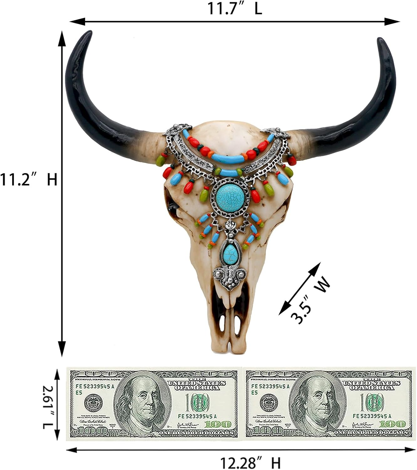 Southwest Cow Skull Wall Decor - Rustic Tribal Bull Skull Head with Turquoise Stone 3D Resin Long Horn Faux Bison Steer Buffalo Wall Hanging for Home Office Room Wall Art Wall Ornament image number 1