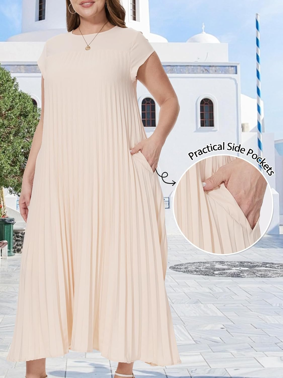 Women'S Church Pleated Maxi Dress 2025 Summer Cap Sleeve Maternity Modest Flowy Dresses with Pockets image number 5