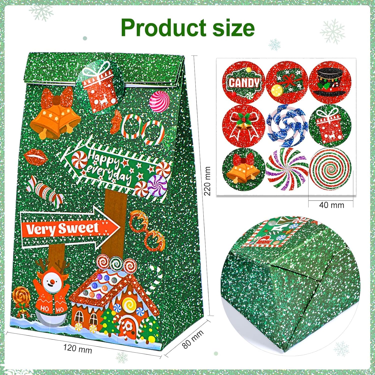 Rukoy 100 PCS Christmas Candy Bags,Christmas Paper Bags,Merry Christmas Candy Bags with Stickers, 12Pcs Christmas Peppermint Treat Bags for Xmas Holiday Party Favors Lollipops Goodie Bags, Party Gift Bags for Present Packing
