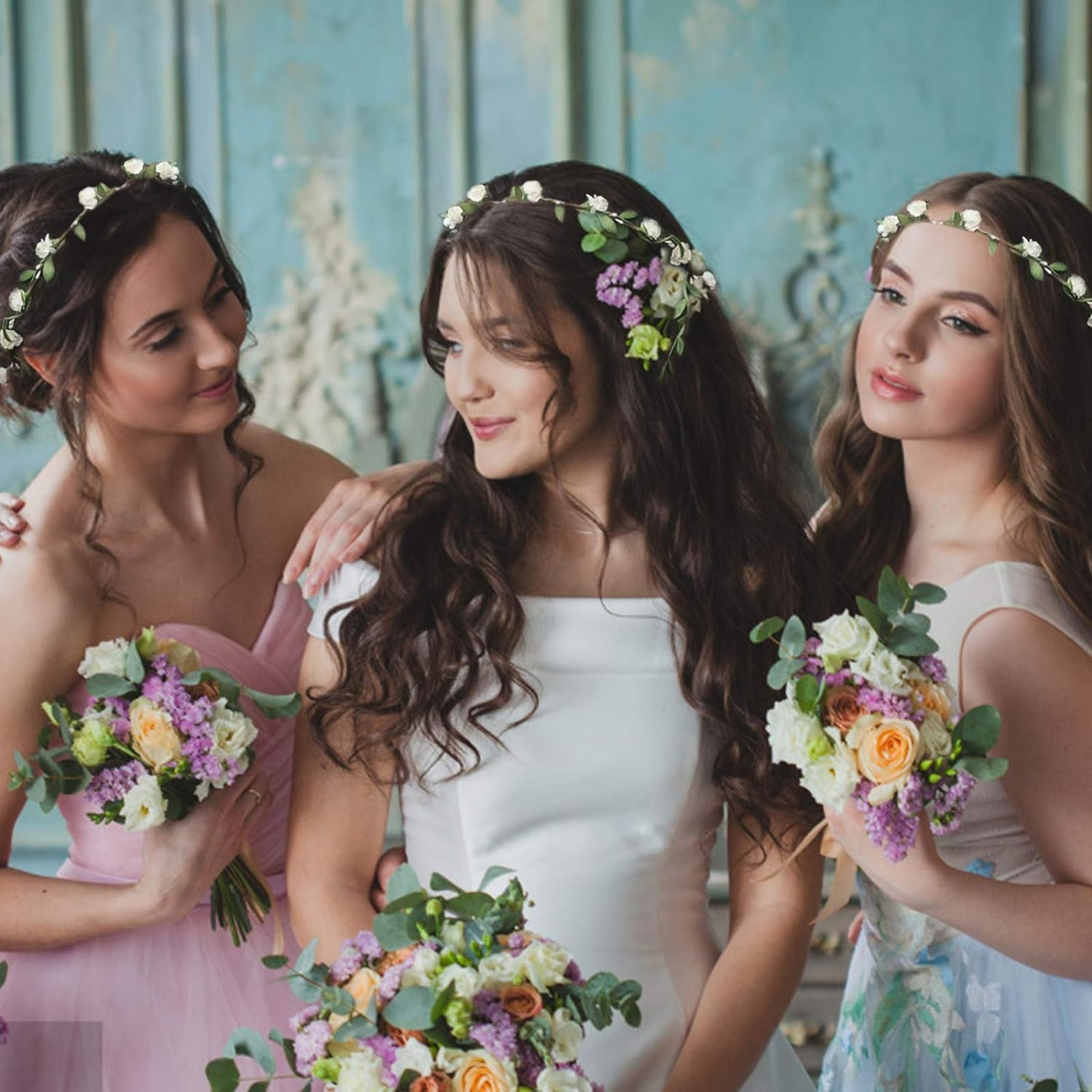 9 Pcs Flower Crown Headband,Hair Floral Wreath Garland Leaf Ribbon,Adjustable Multicolor Boho Halo Headpiece for Women Girls Wedding Festival Holiday Christmas Halloween Party,Seaside Vacation Photo