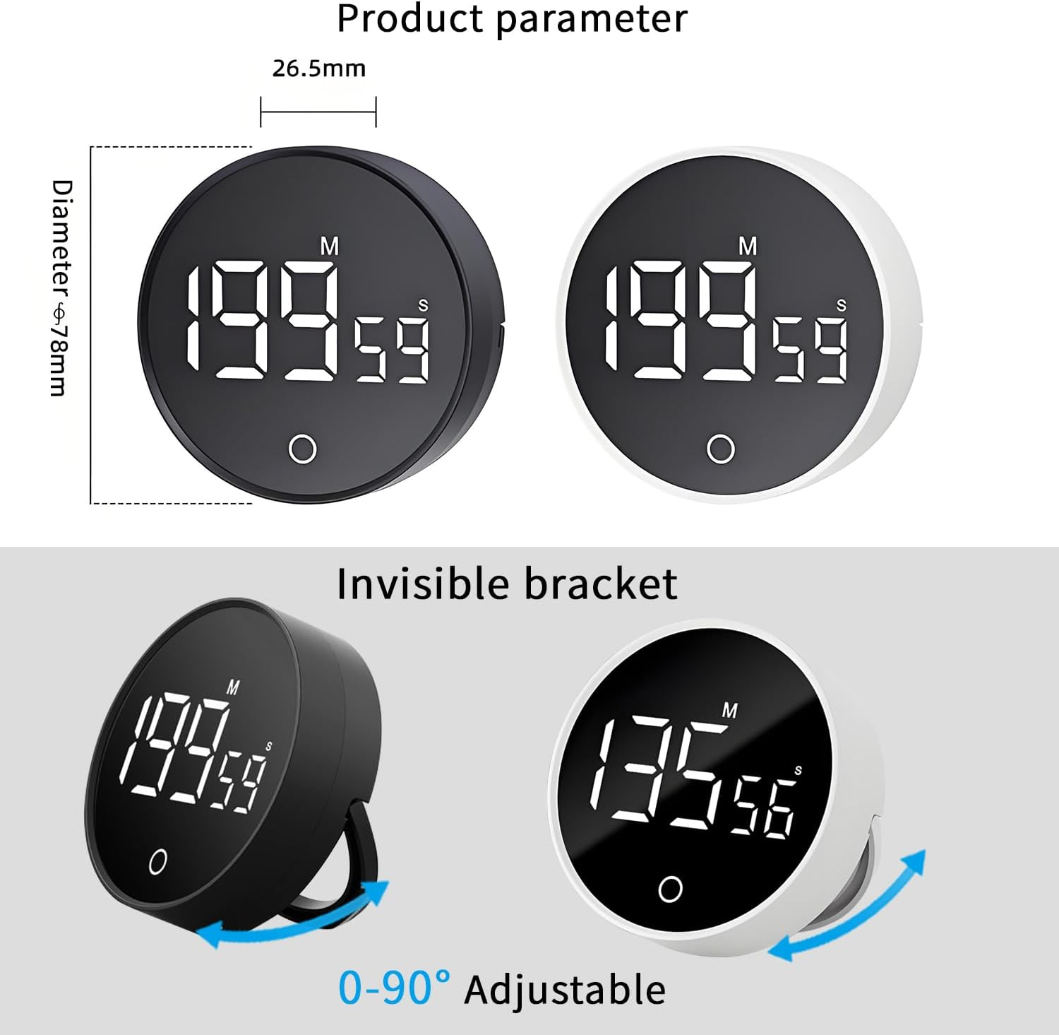 QUMOX F7 Digital Timer Countdown & Stopwatch with Adjustable Volume, Magnetic Base, Rotating Knob, Rechargeable Battery Perfect for Cooking, Study, and Work - White