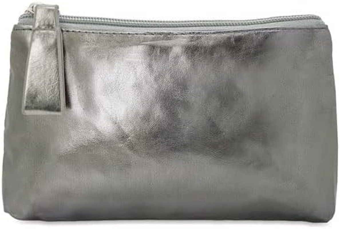 Women'S Faux Leather Toiletry Bag Metallic Finish with Zipper and Handle Cosmetic Bag for Travel