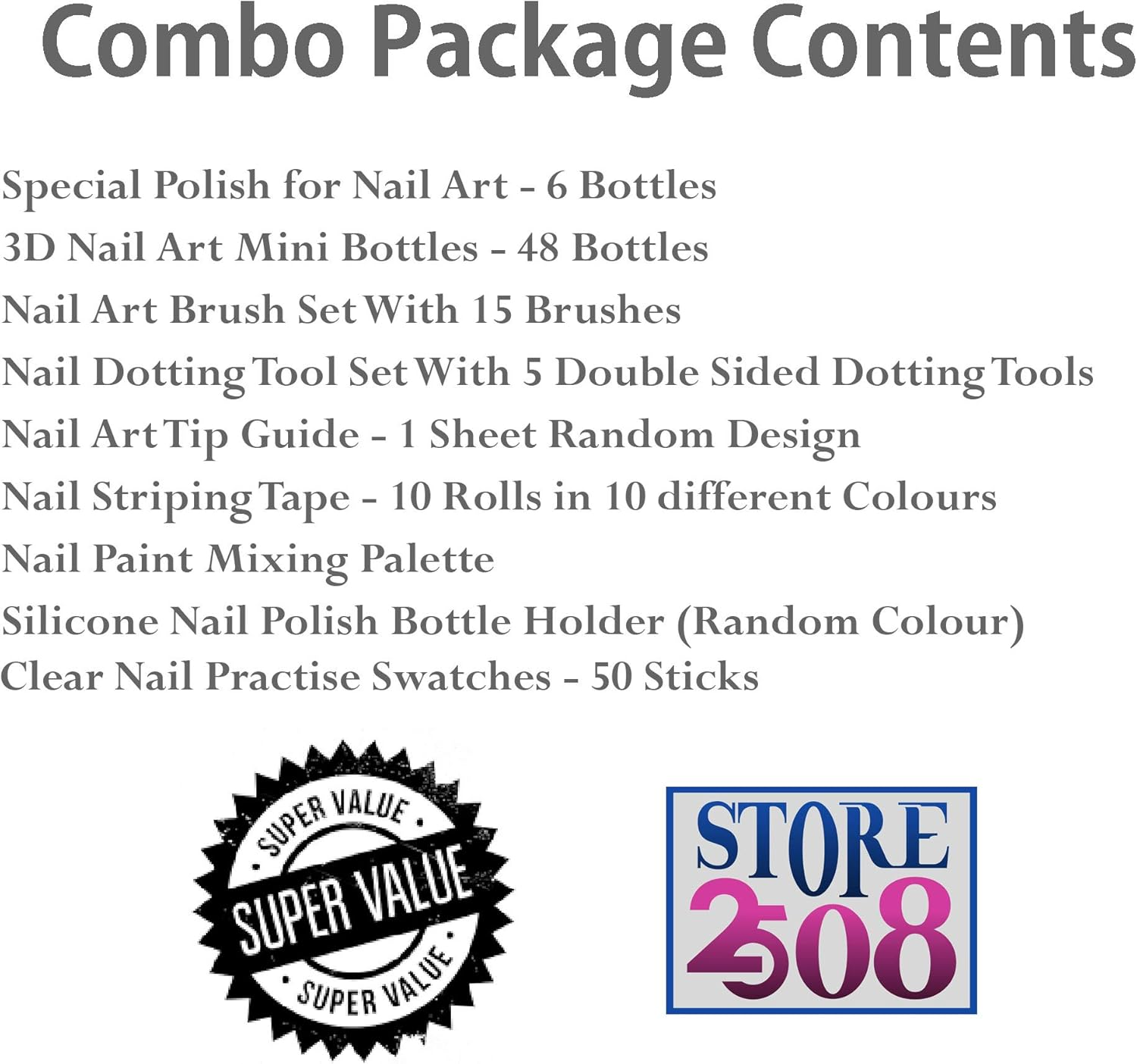 Store2508 Nail Art Kit with Nail Art Brush, Nail Dotting Tools, Special Nail Art Stamping Polishes, 3D Nail Glitter Bottles, Nail Practise Wheel Swatches & More, Multicolour