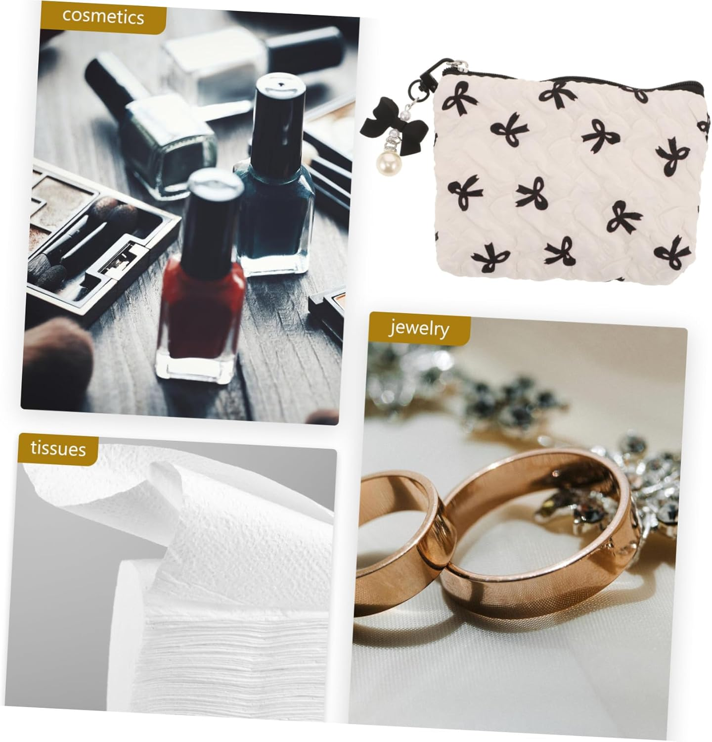 FINISPERSOO Embossed Bow Small Makeup Bag with Wrinkle Design, Portable Cosmetic Organizer Pouch for Women, Cute Toiletries Holder for Travel and Daily Use, Black Bow Detail image number 3