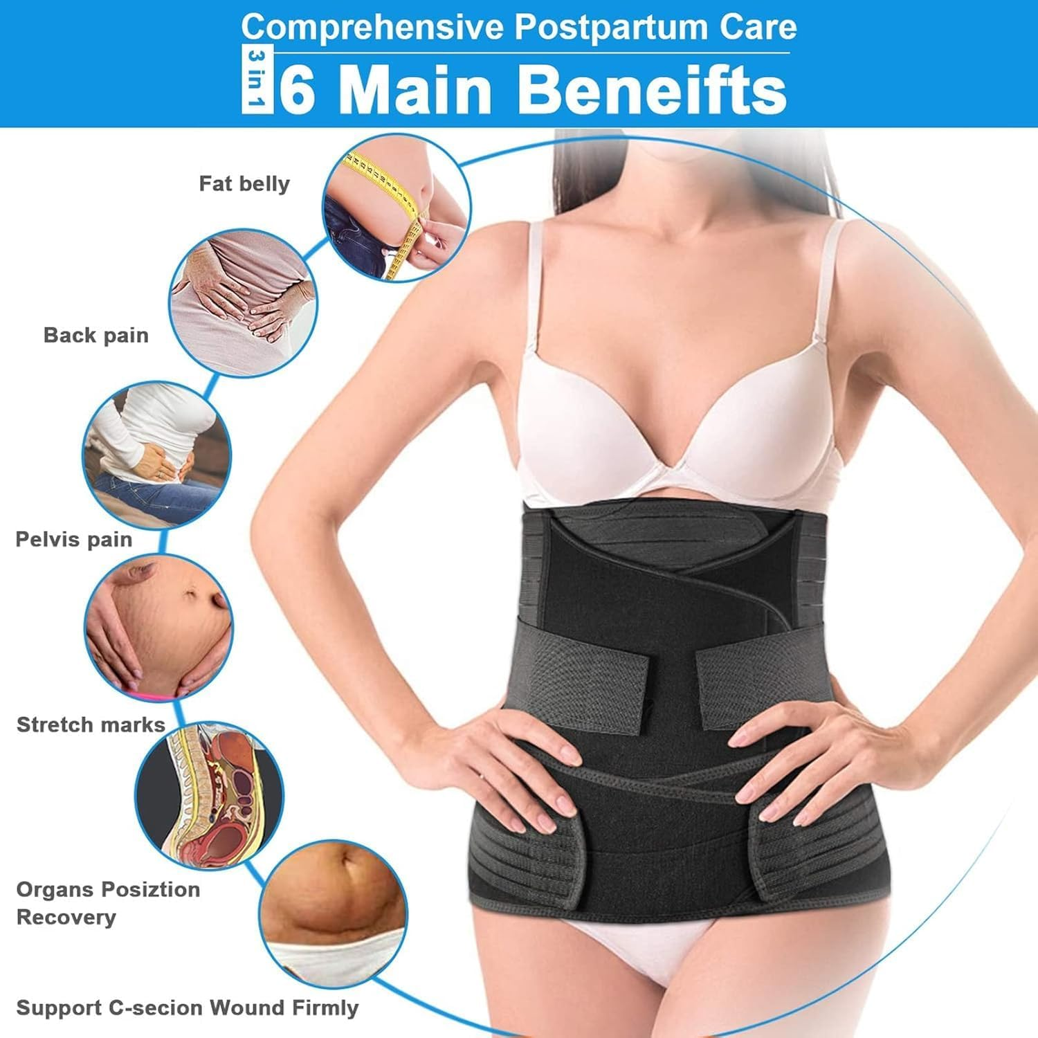 3 in 1 Postpartum Support - Recovery Belly/Waist/Pelvis Belt Shapewear (One Size (US 4-12), Black)