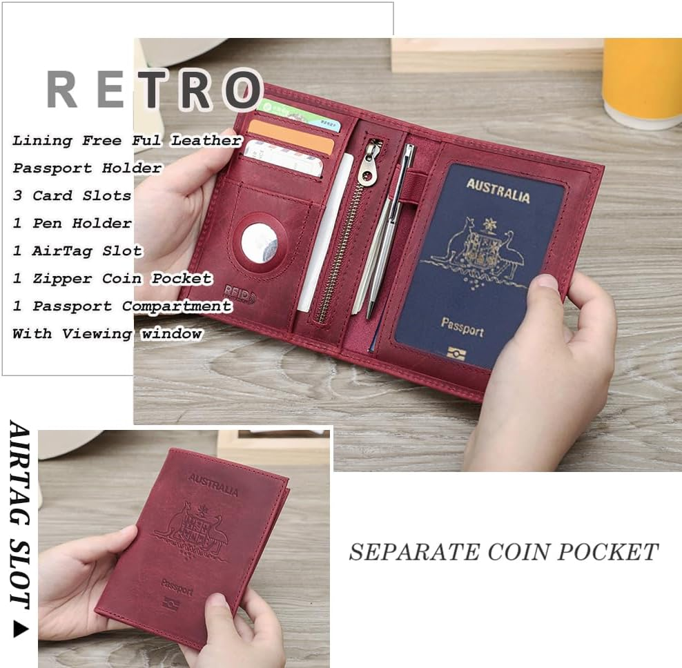 Contacts Full Grain Leather Passport Holder for Women RFID Blocking Travel Passport Wallet Slim Compatible with Airtag Passport Case with Coin Pocket, 4 Card Slot (Badge, Red) image number 4