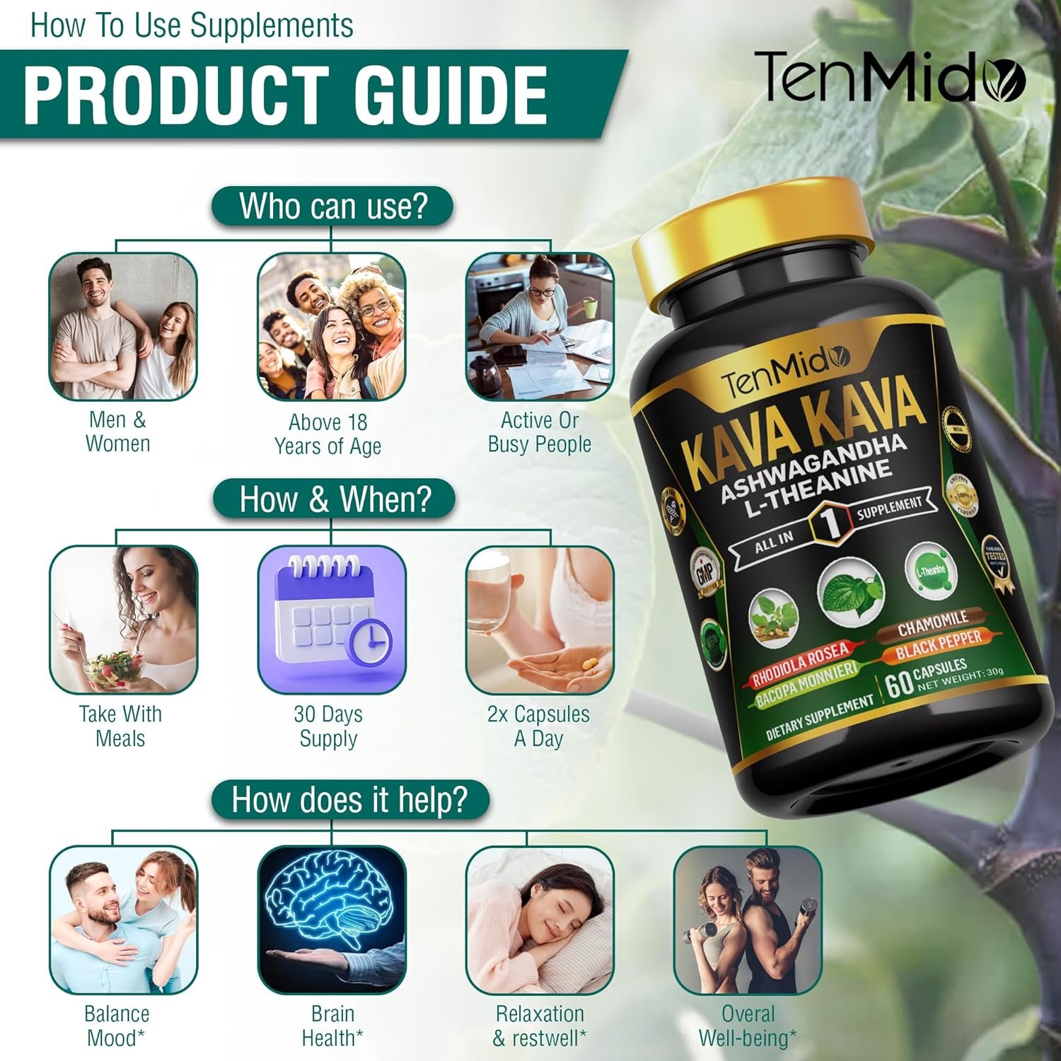 Kava Kava Supplement - 7In1 Blend with Ashwagandha, L-Theanine, Rhodiola, Bacopa & More - 60 Non-Gmo, Vegan Capsules