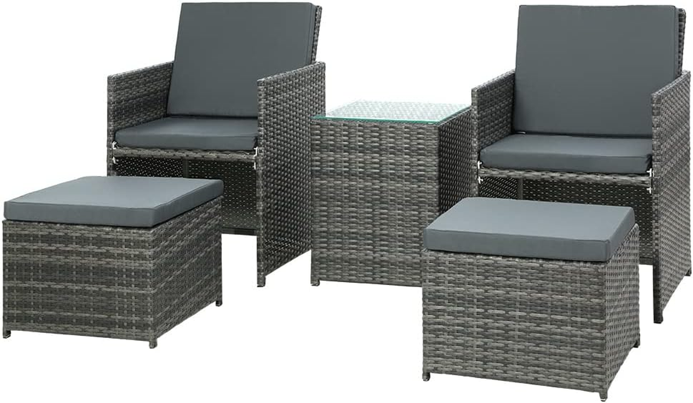 Gardeon Outdoor Lounge Setting 3Pcs Wicker Table and Chairs Bistro Set, Garden Furniture Patio Sofa Recliner Chair Rattan, with Ottoman Cushion Grey of 5