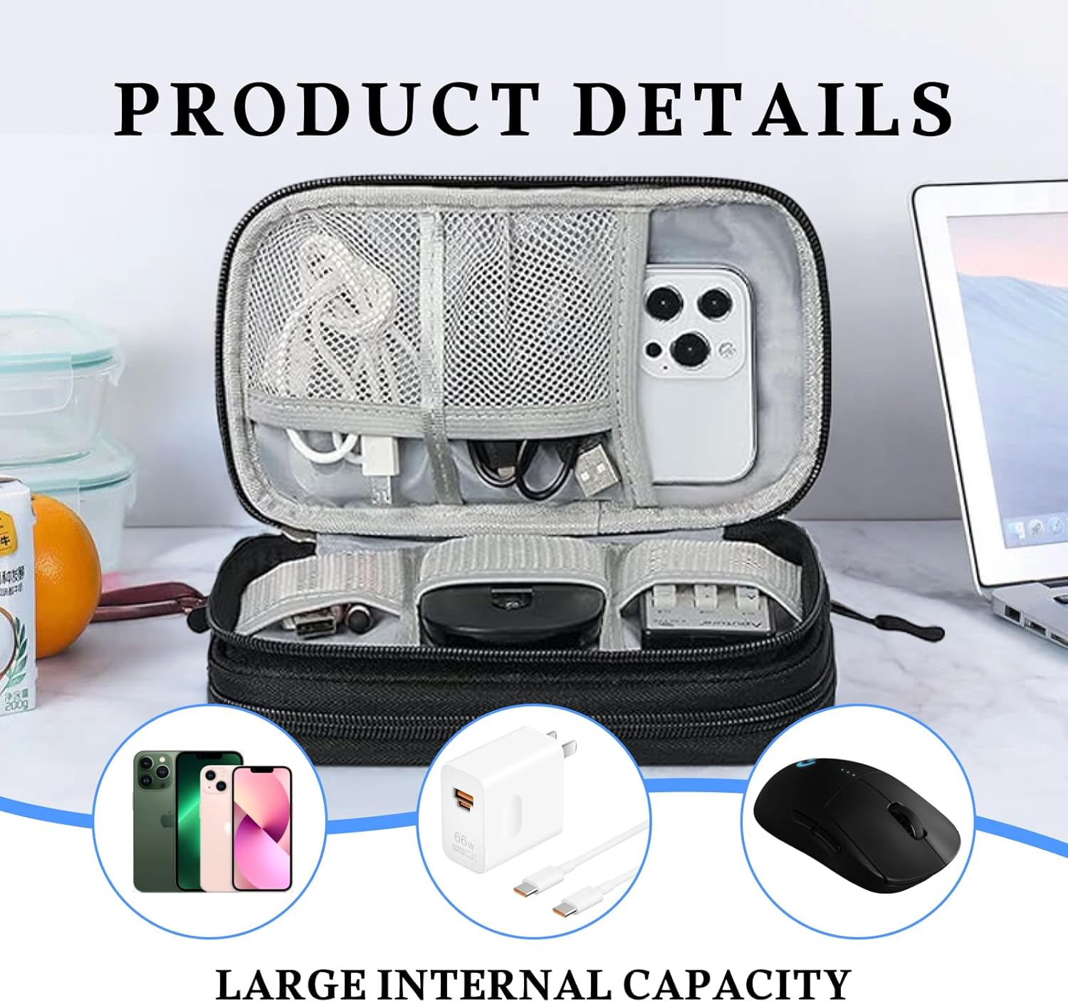 Fortuneglobe 2-Layer Electronics Organizer (7.5X4.3X2In) Waterproof Tech Pouch for Cords, Chargers, Phone, Earphones, Travel​​ image number 1