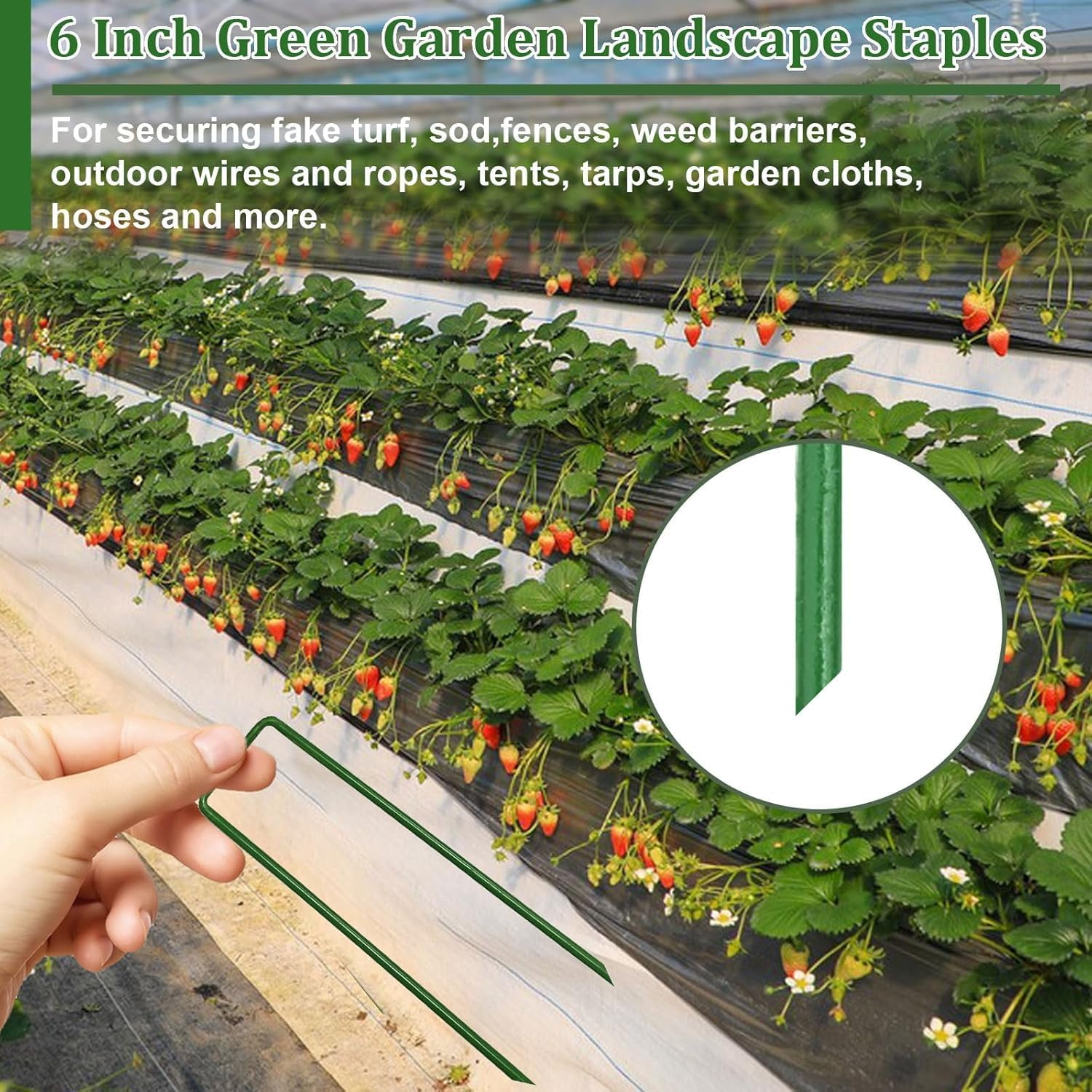 60Pcs Garden Pegs Pins Gardening Stakes Landscape Staples Ground Anchor Peg U Shape Steel Nail Pins for Artificial Grass Sod Weed Membrane Grass Fabric Netting image number 4