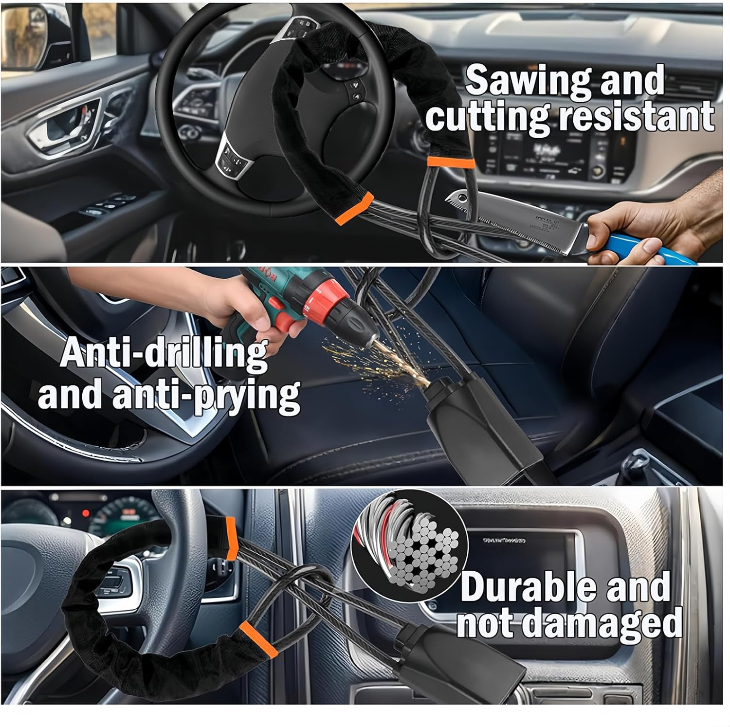 Car Steering Wheel Lock & Seat Belt Lock - Max 17&rdquo; Length, Universal Anti-Theft for Cars, Suvs, Golf Carts | Compact, Lightweight & Multi-Functional Security Device with 3 Keys (Black) - Black image number 2