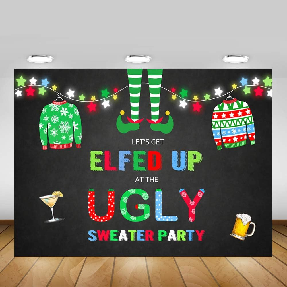 Mocsicka Elfed up Ugly Sweater Party Backdrop Christmas Ugly Sweater Photography Background 7X5Ft Vinyl Christmas Holiday Ugly Sweater Party Backdrops image number 5
