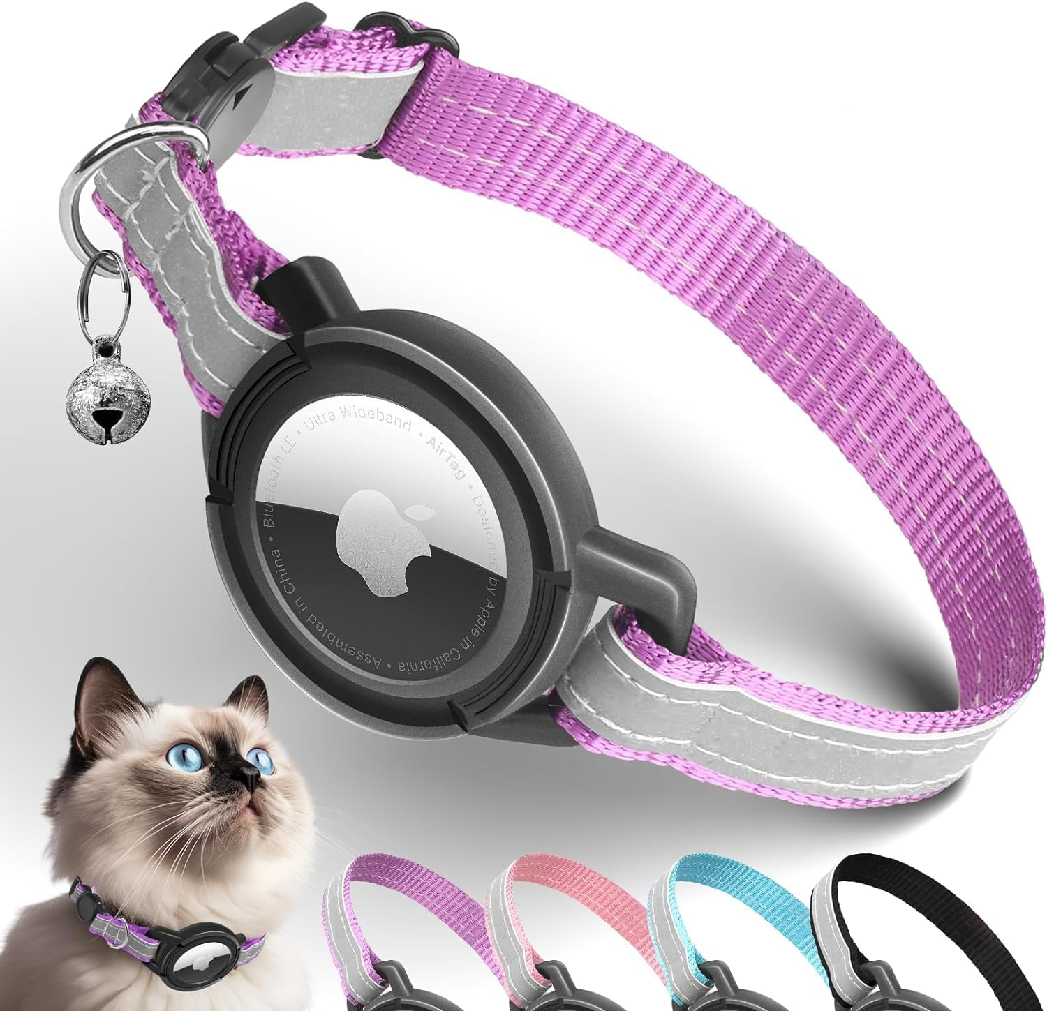 Airtag Cat Collar, Reflective GPS Cat Collars with Apple Airtag Holder, Air Tag Cat Safety Collar, Adjustable Lightweight Tracker Collars for Cats, Kittens, Small Dogs (Purple)