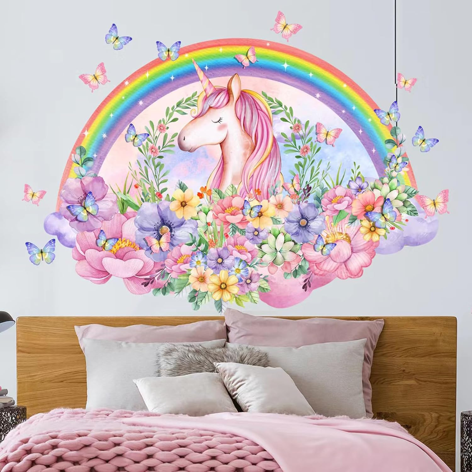 Unicorn Wall Decals, Rainbow Flowers Butterfly Wall Stickers, Girls Bedroom Living Room Kitchen Wall Door Decor image number 5