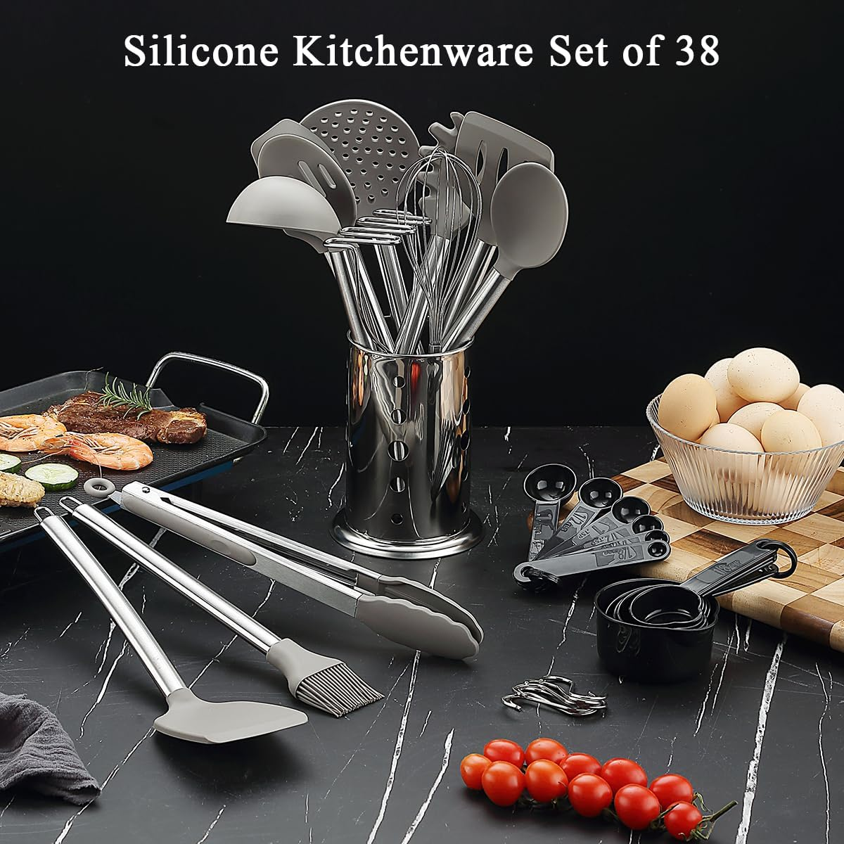 Kitchen Utensils Set, Kyraton 38 Pieces Non-Stick Silicone Cooking Utensils Set, Spoon Spatula Set with Sturdy Stainless Steel Utensil Holder, Dishwasher Safe image number 3