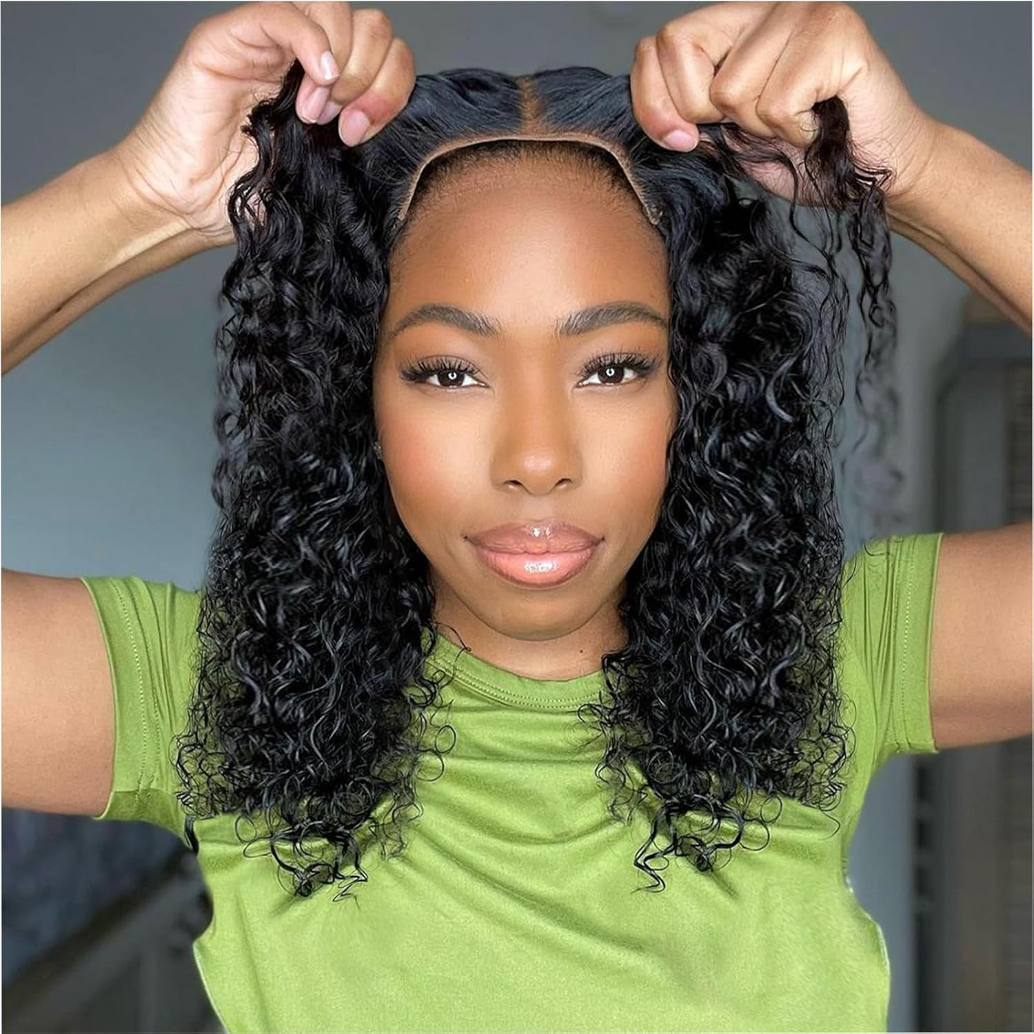 Ailwelia Curly Bob Wig Human Hair Deep Wave Glueless Wigs Human Hair Pre Plucked Pre Cut 5X5 Wear and Go Glueless HD Lace Closure Wigs Human Hair for Black Women 200% Density Black Color 14 Inch image number 1