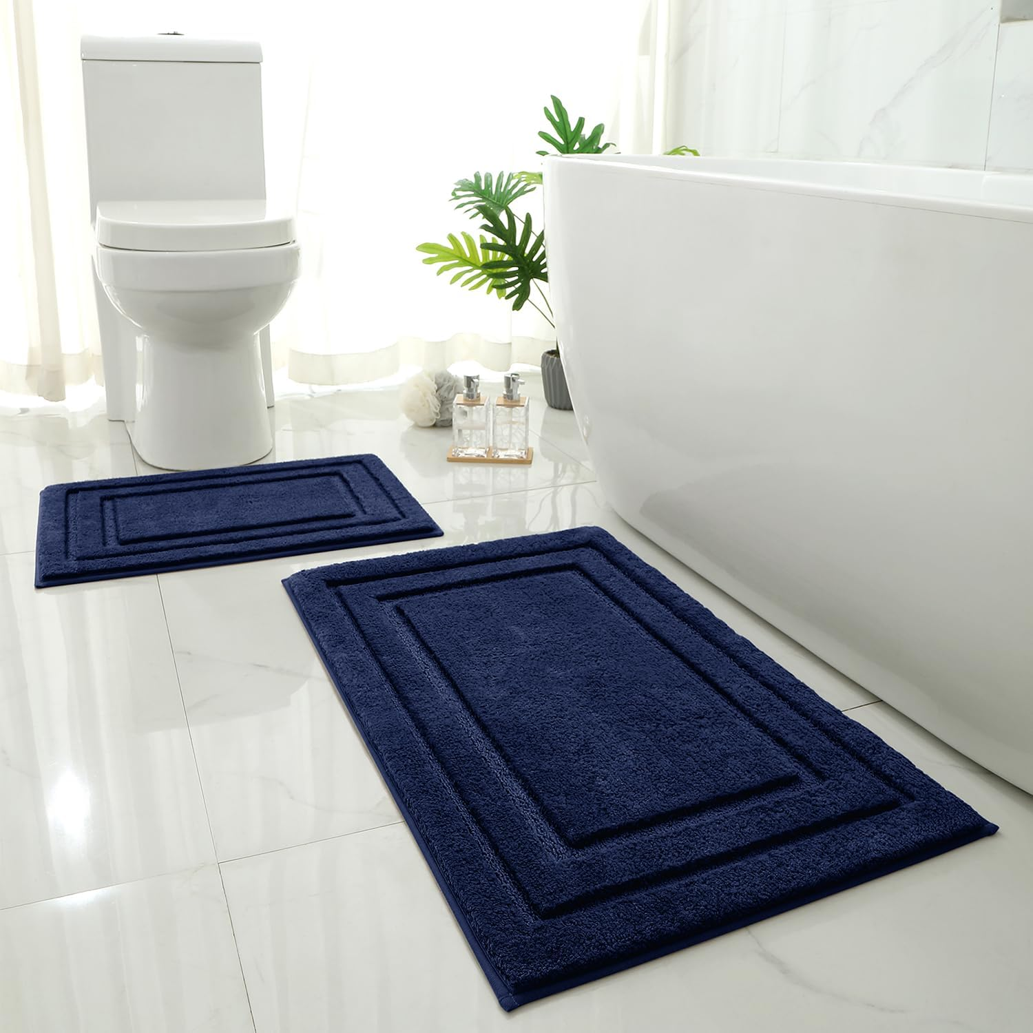 HOMEIDEAS Bathroom Rugs Sets 2 Piece, Super Soft and Absorbent Non Slip Microfiber Machine Washable Bath Mat Set (20" X 32" + 16" X 24", Navy Blue) image number 6