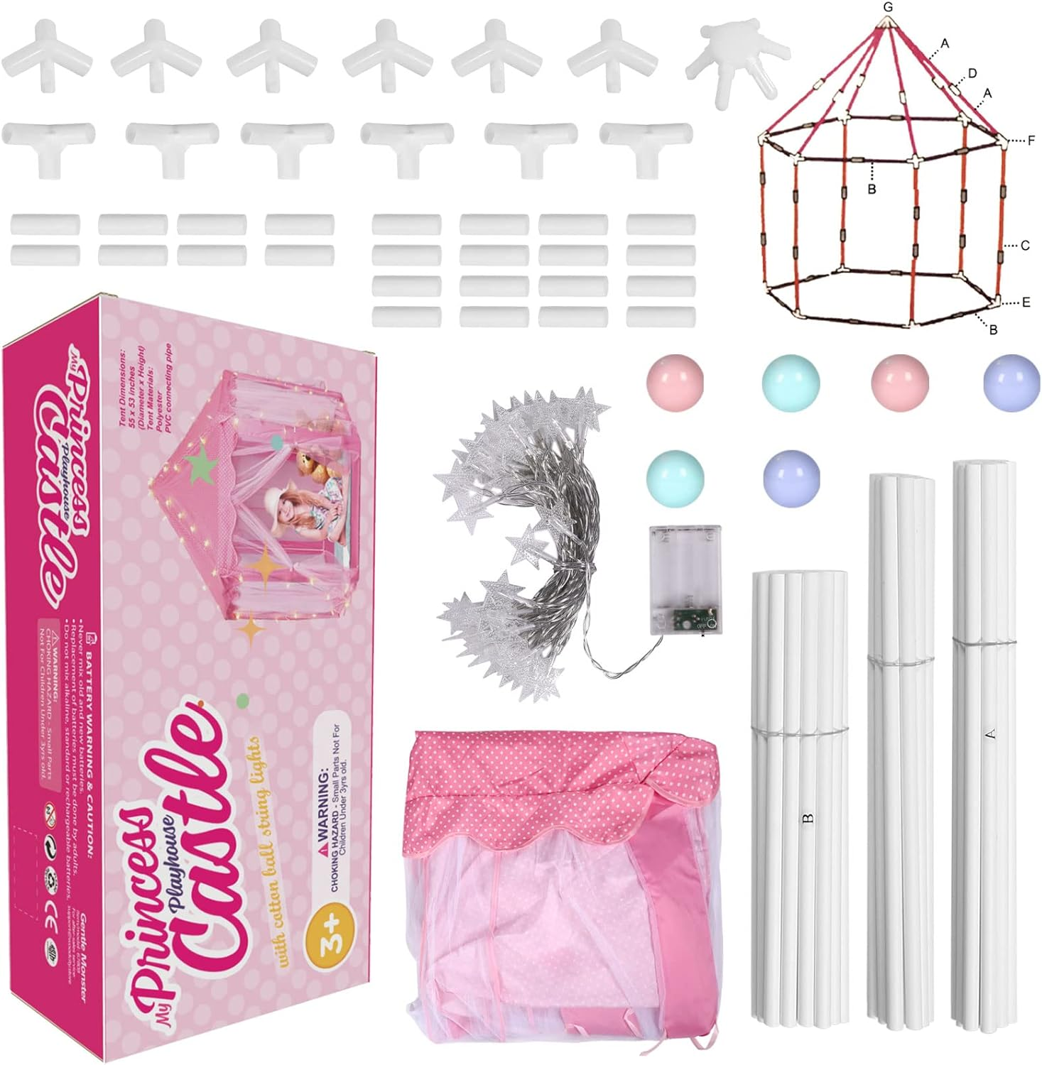 Volscity Princess Tent for Girls,Kids Castle Play Tent with LED Star Lights,Large Playhouse Girl Toy Gifts Age 3+,Indoor and Outdoor Games 55.5"X 53"(Dxh) Pink (Pink) image number 2