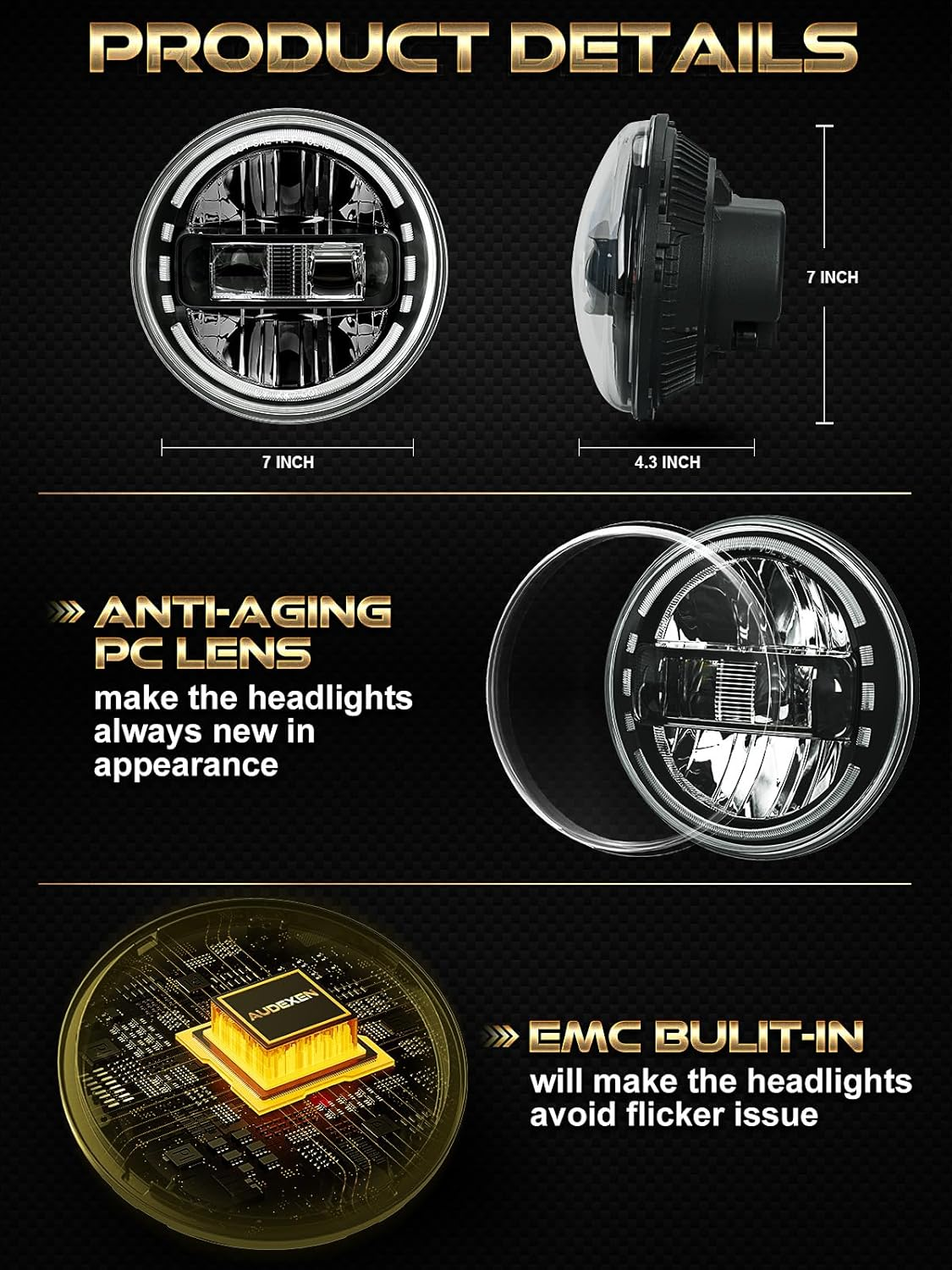 7 Inch Led Headlights DOT Approved Jeep Headlight with DRL Low Beam and High Beam for Jeep Wrangler JK LJ CJ TJ 1997-2018 Headlamps Hummer H1 H2-2019 Exclusive Patent (Black) image number 3