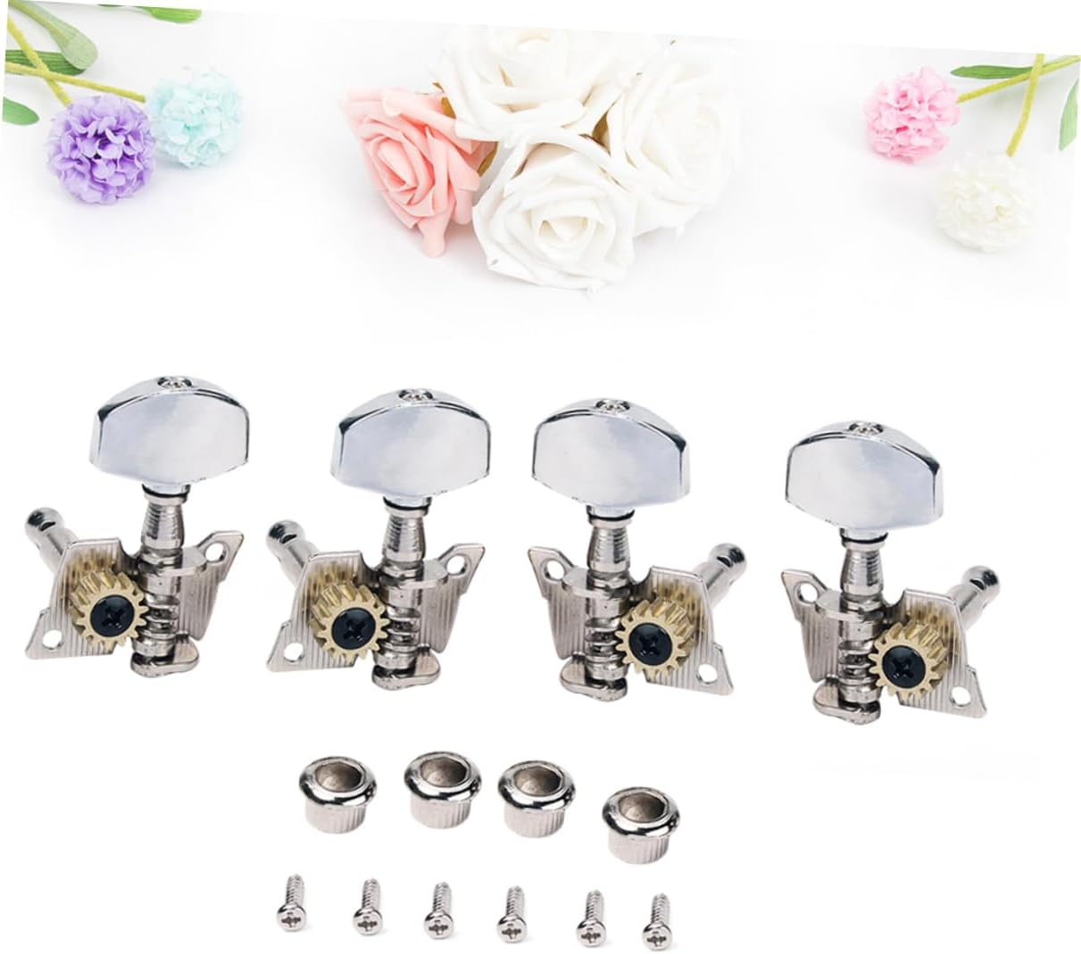 4Pcs Nickel Ukulele Tuning Pegs Machine Heads with Plastic Buttons and Mounting Screws for Beginners and Professional Use