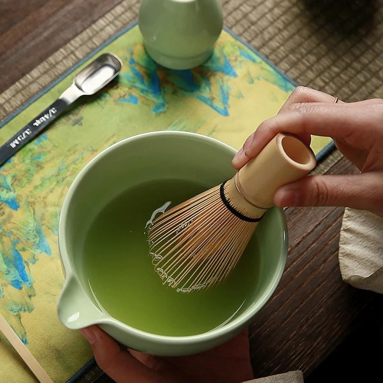 Premium Matcha Whisk Set - 4PC Handcrafted Bamboo Chasen & Ceramic Bowl Kit for Traditional Japanese Tea Ceremony, Perfect for Tea Lovers with Whisk Holder & Scoop