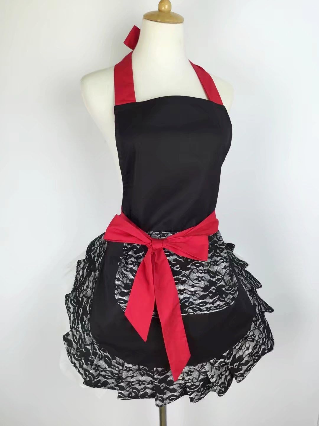 Hyzrz Cute Lace Flirty Apron with Pocket Fun Retro Sexy Cooking Aprons for Women Girls - Red image number 2