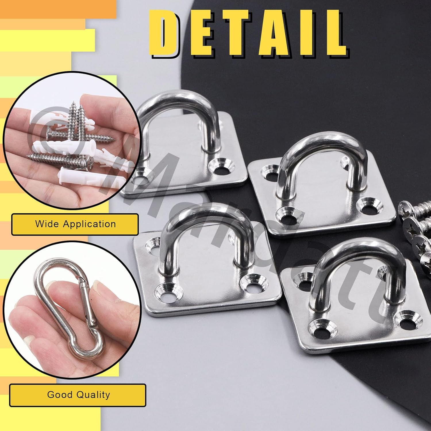 Mardatt 8Pcs M6 Premium Square Pad Eye Hooks, 304 Stainless Steel Pad Eye Plate U Hooks Snap Hook, Marine Hardware Staple Hook Loop Swivel Hooks Wall-Mounted with Screws for Outdoor Indoor Activity