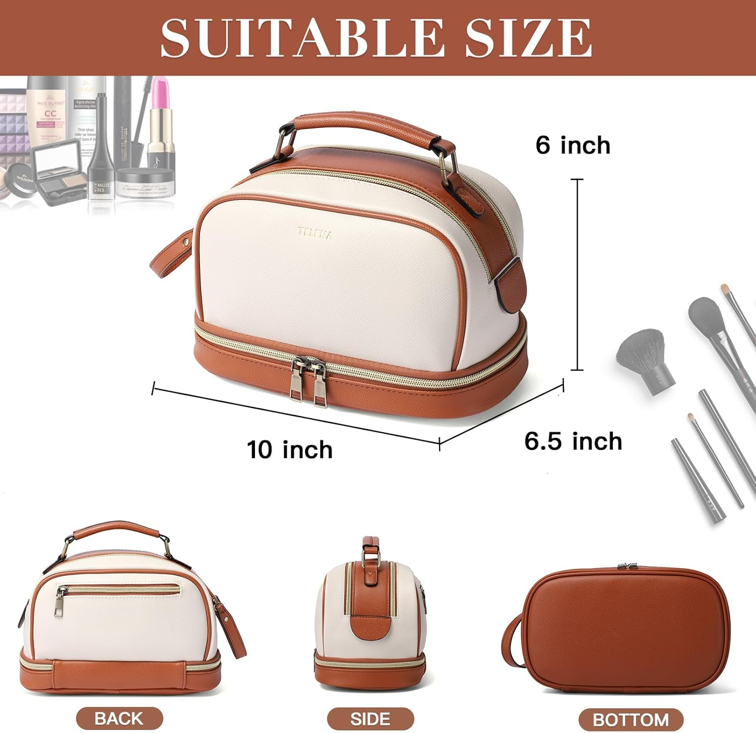 DDPOND Travel Toiletry Bag Makeup Cosmetic Bags for Women Waterproof PU Leather Toiletry Organizer Portable Large Capacity Beige with Brown - Clear With Brown image number 3
